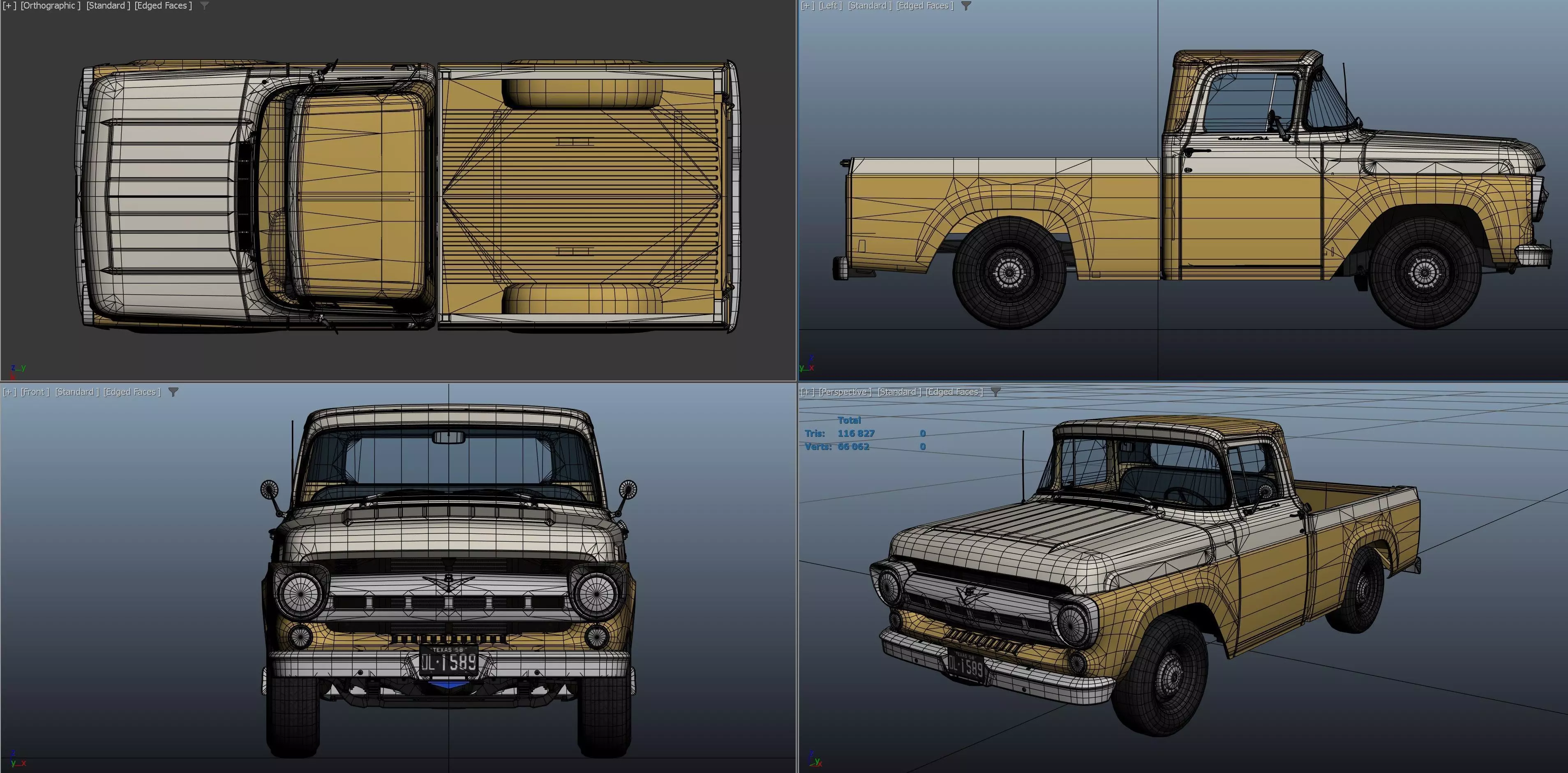 50s American pickup truck with camper trailer Low-poly 3D model_54