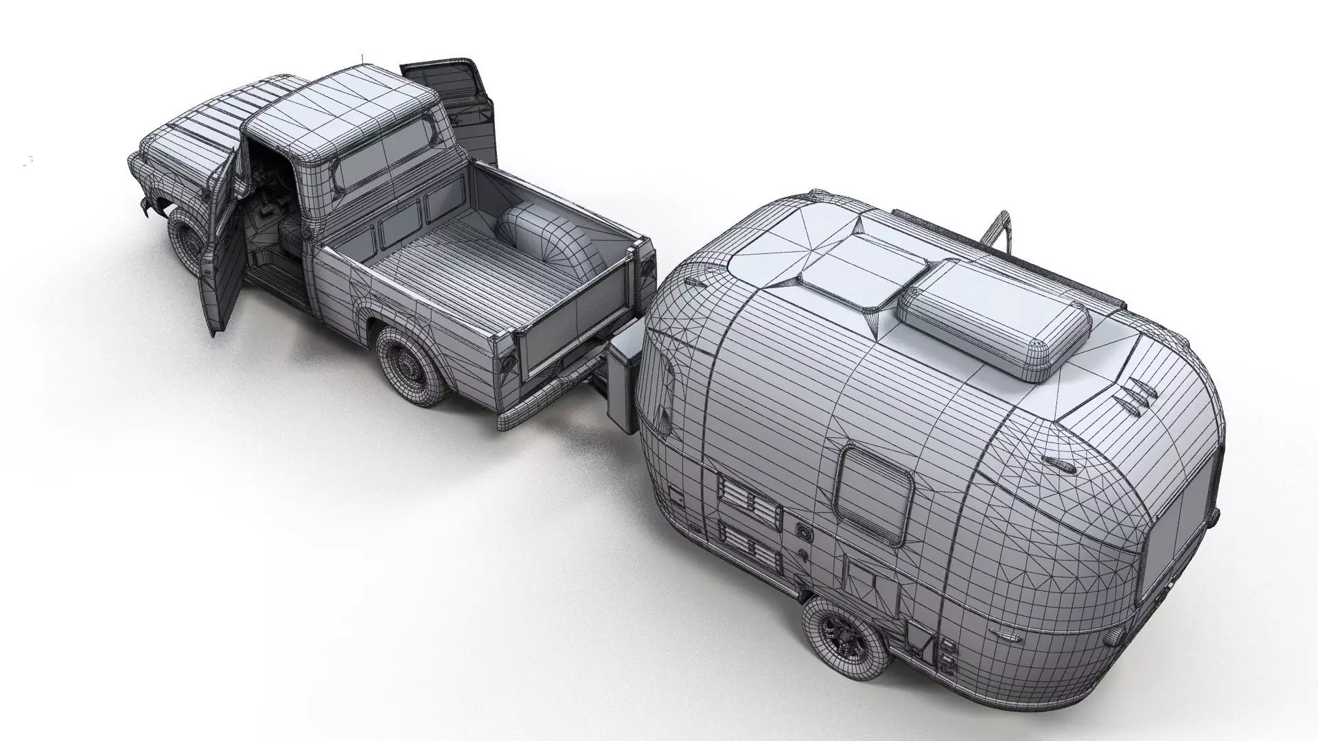 50s American pickup truck with camper trailer Low-poly 3D model_29