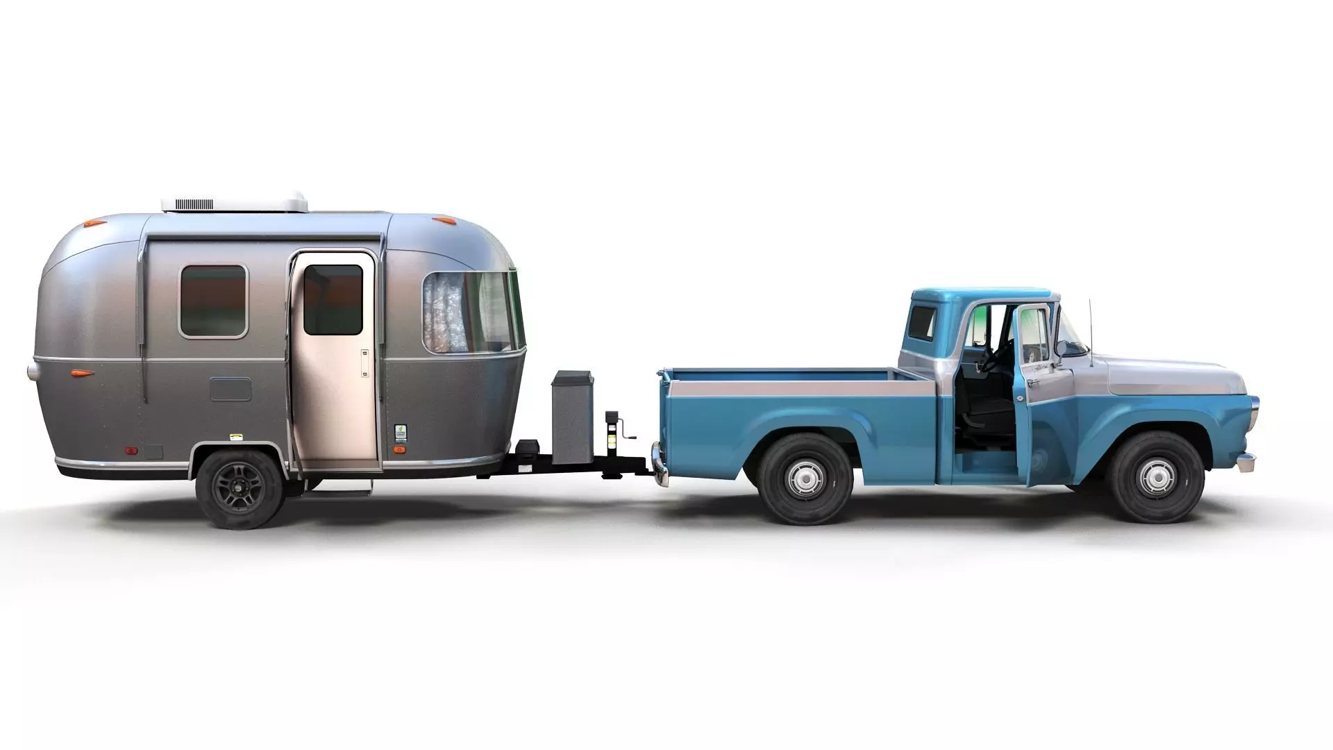 50s American pickup truck with camper trailer Low-poly 3D model_13