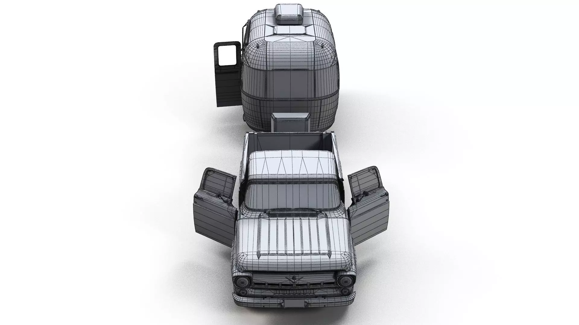 50s American pickup truck with camper trailer Low-poly 3D model_32