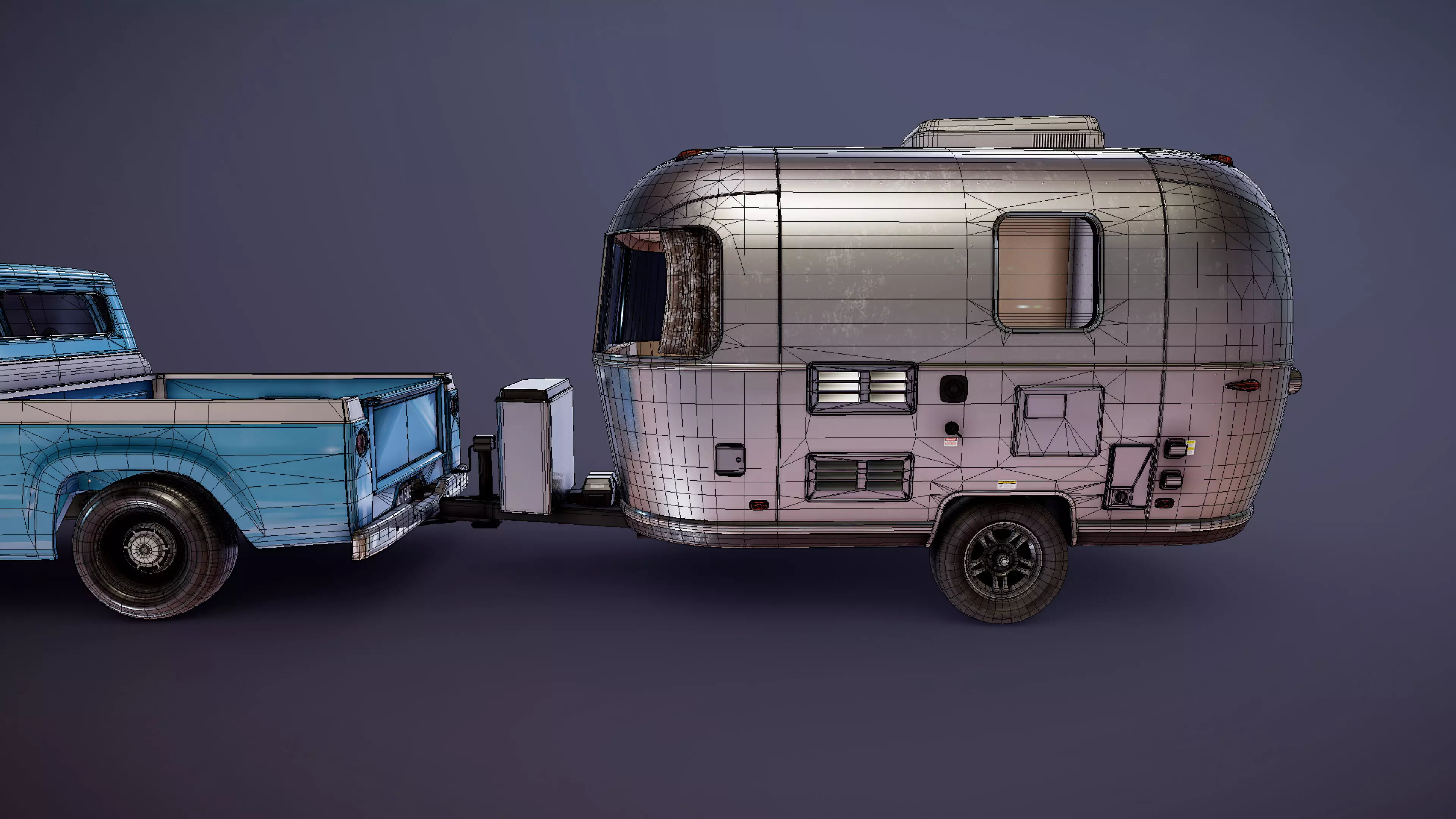 50s American pickup truck with camper trailer Low-poly 3D model_47