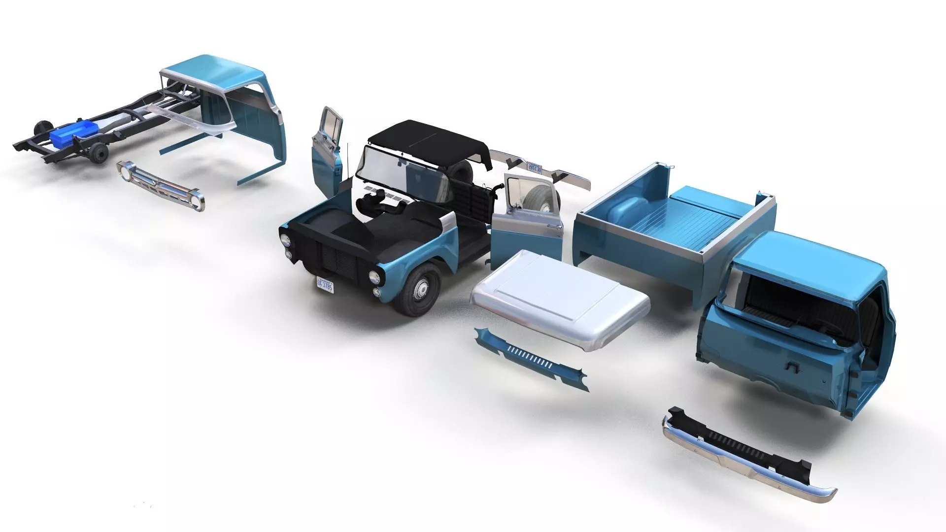 50s American pickup truck with camper trailer Low-poly 3D model_19