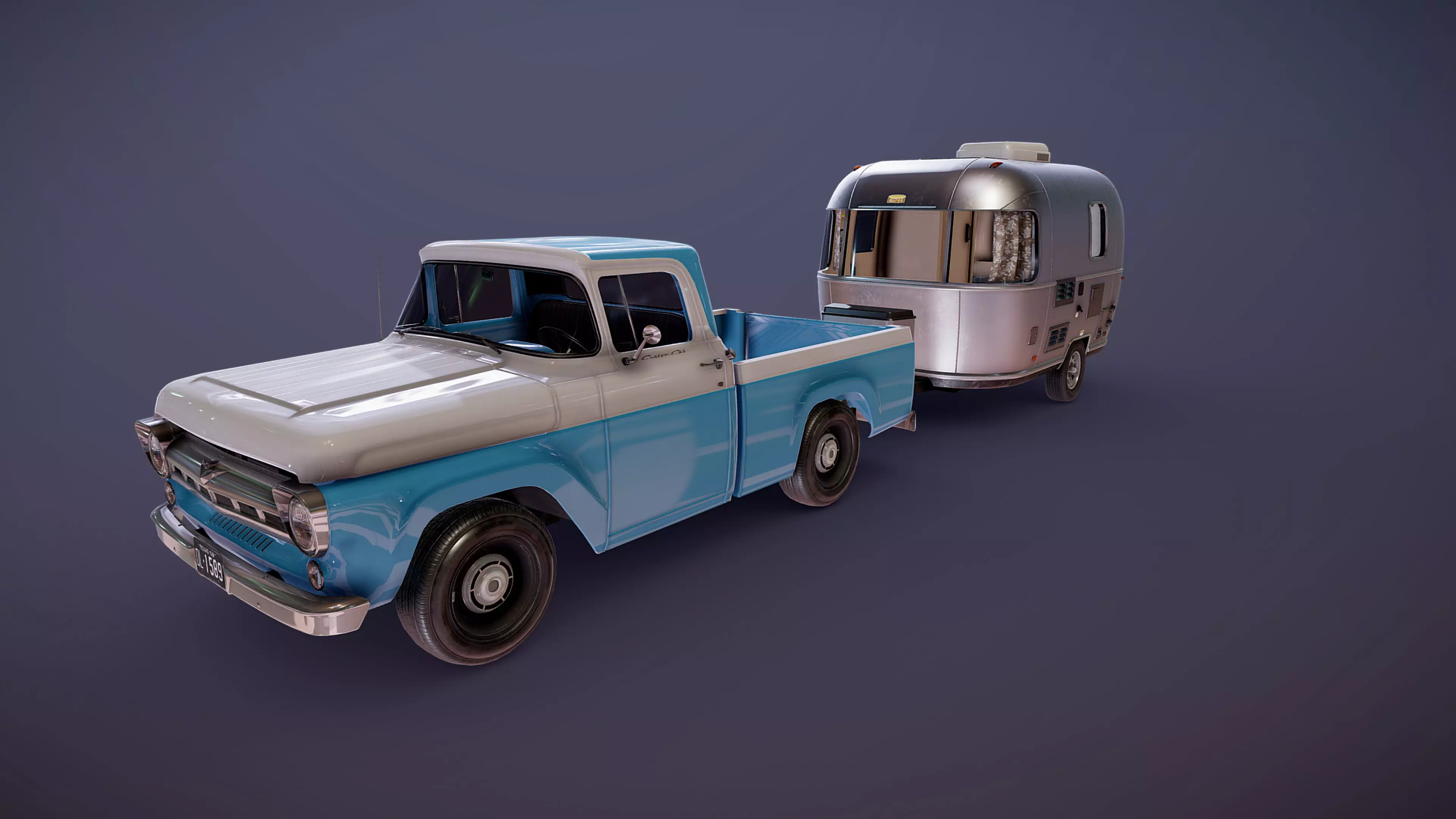 50s American pickup truck with camper trailer Low-poly 3D model_34