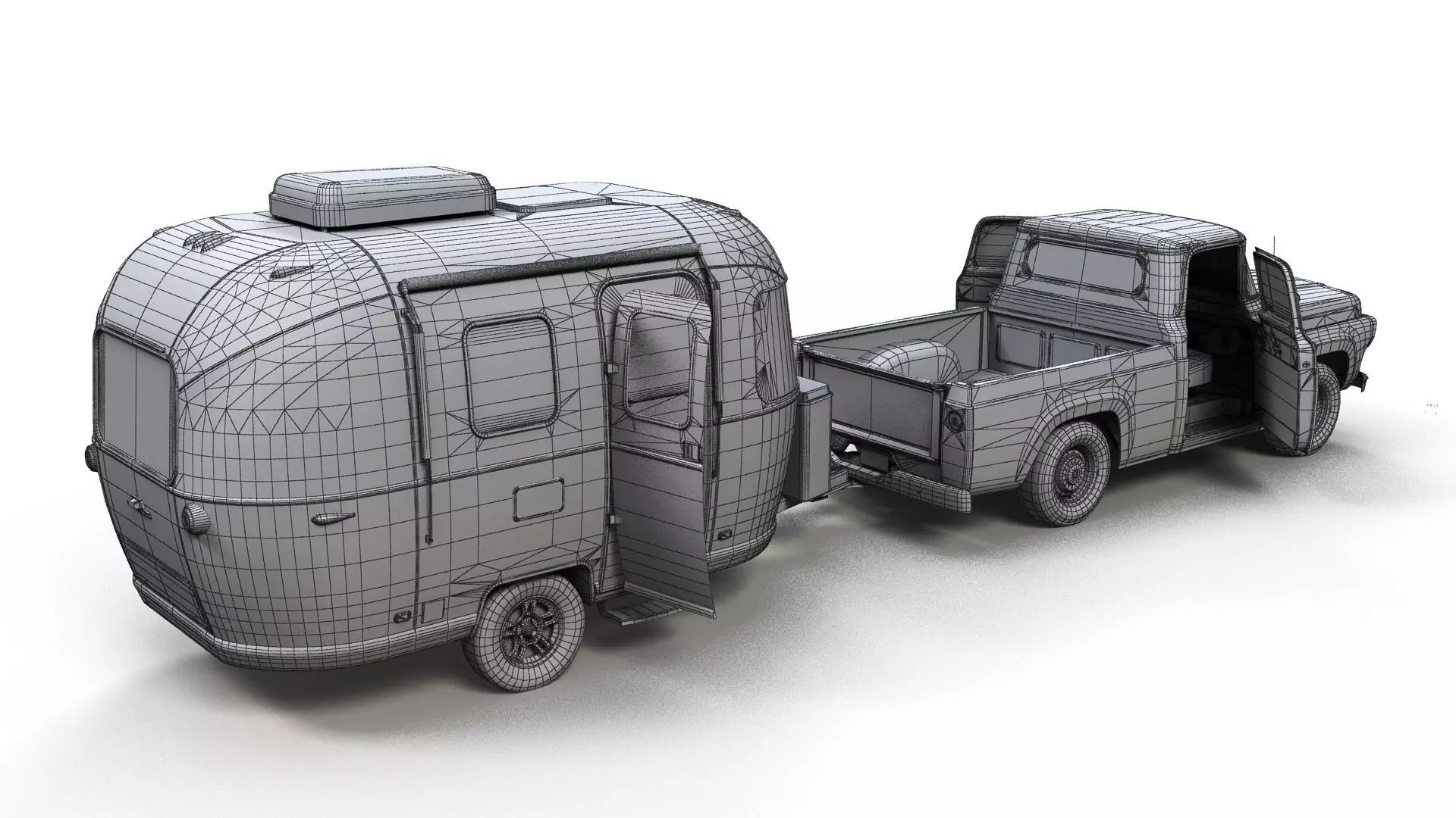 50s American pickup truck with camper trailer Low-poly 3D model_27