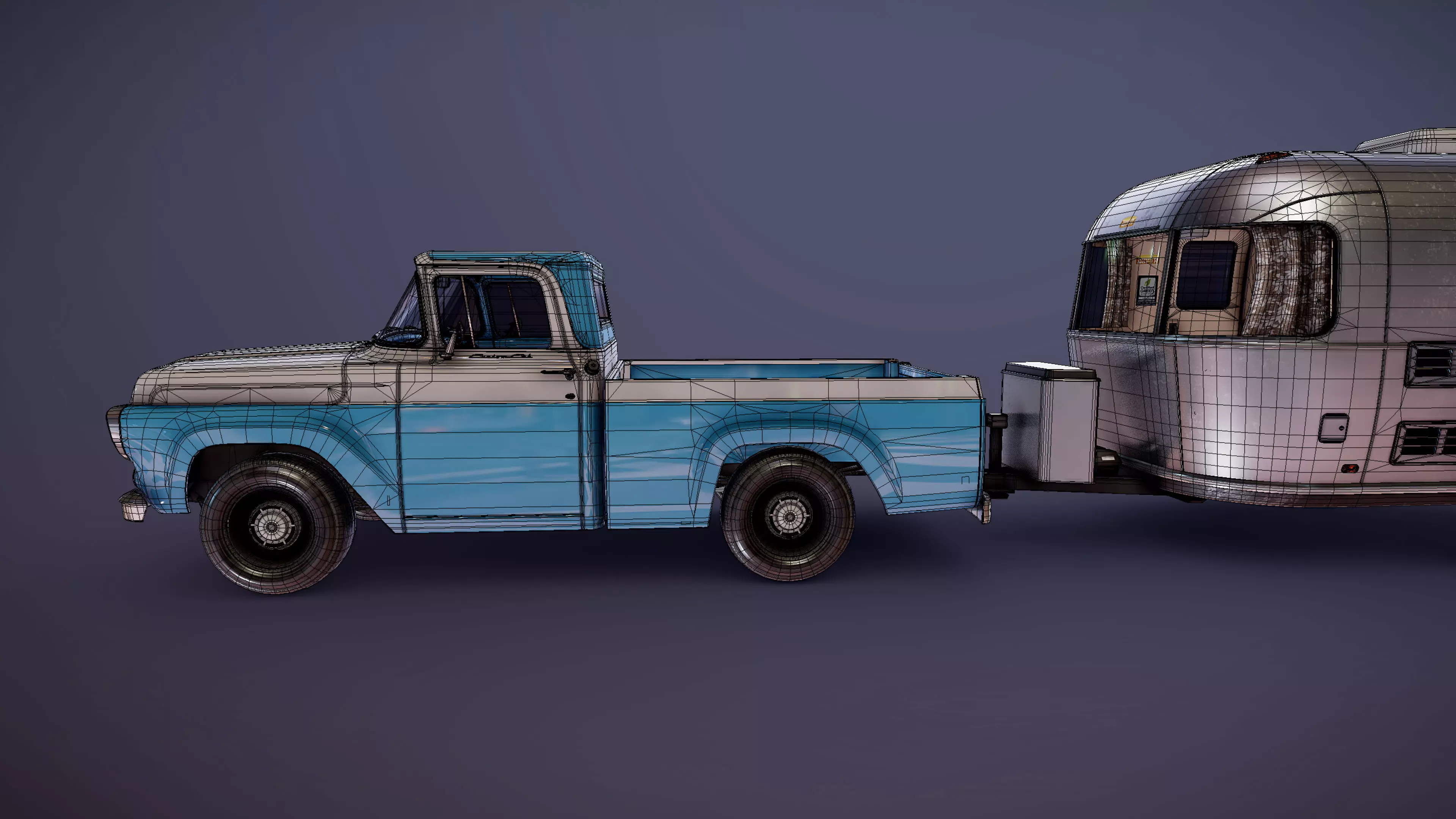 50s American pickup truck with camper trailer Low-poly 3D model_46