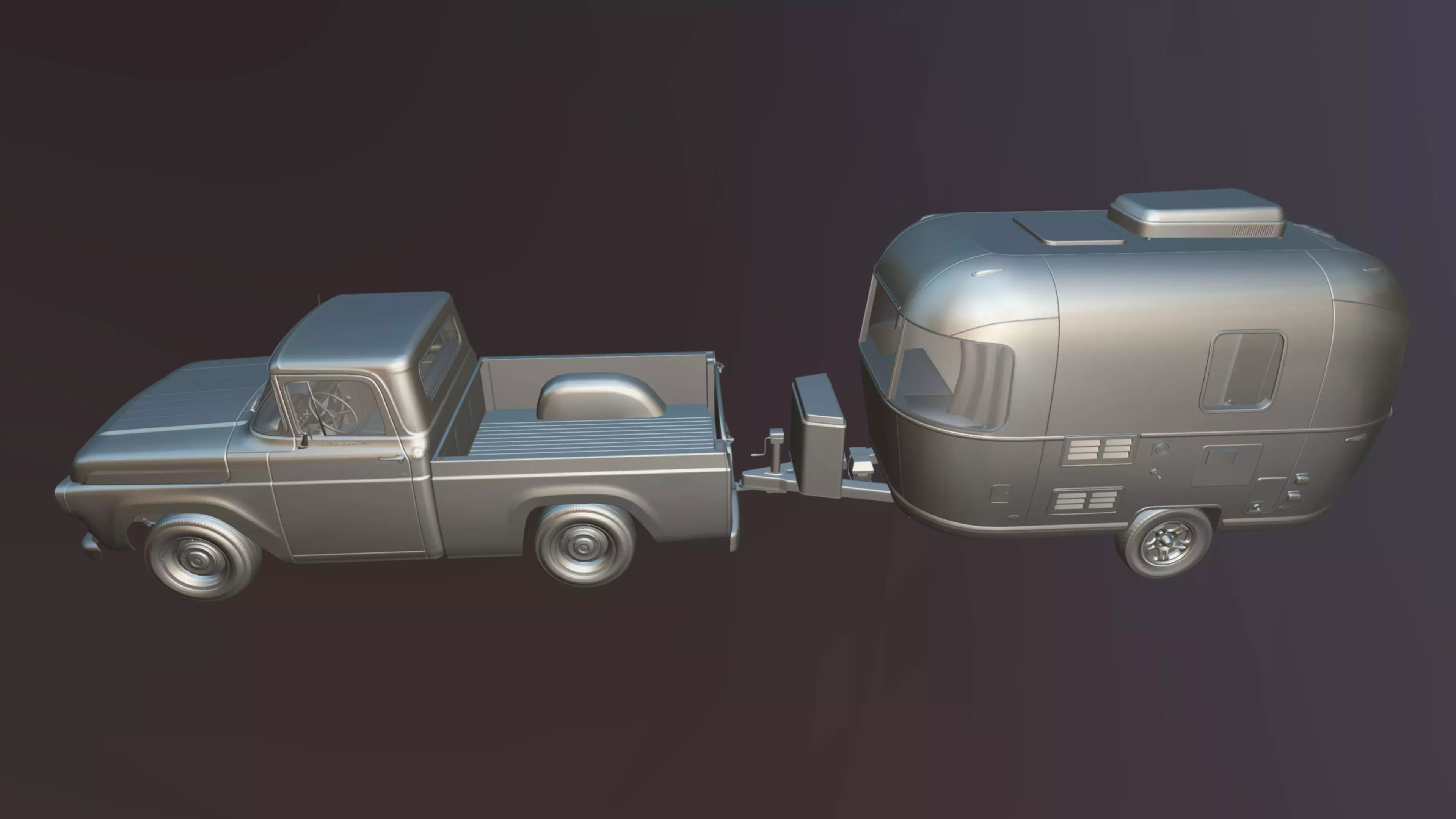 50s American pickup truck with camper trailer Low-poly 3D model_52