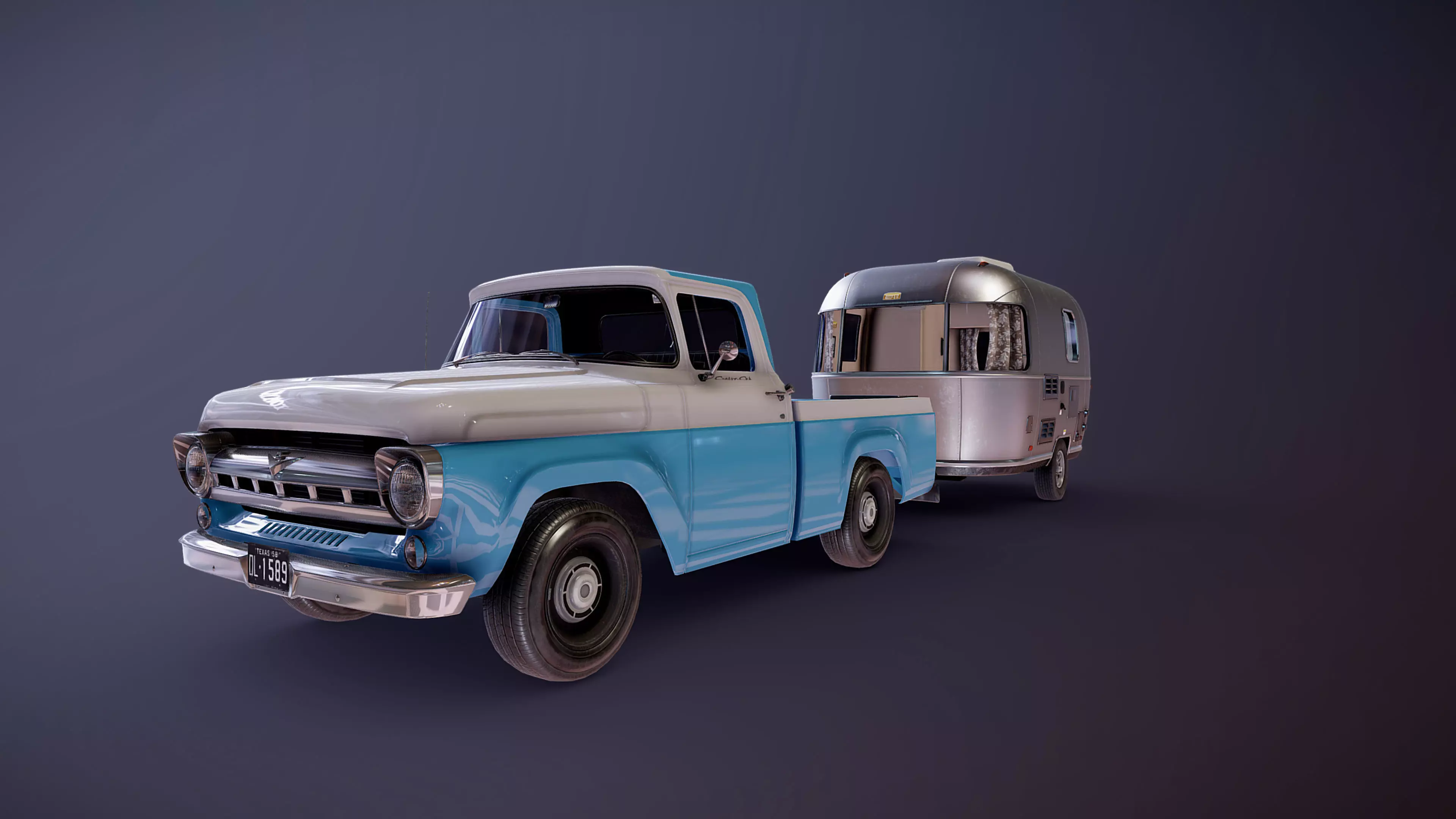 50s American pickup truck with camper trailer Low-poly 3D model_41