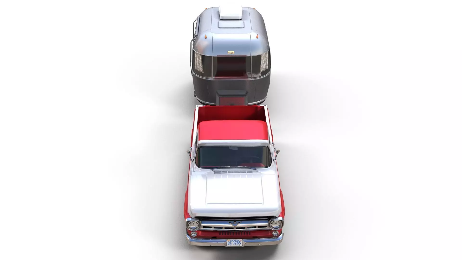 50s American pickup truck with camper trailer Low-poly 3D model_9