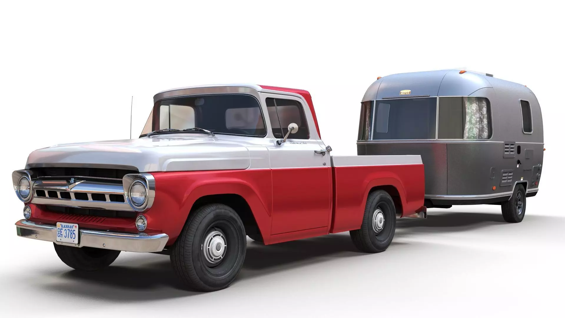 50s American pickup truck with camper trailer Low-poly 3D model_10
