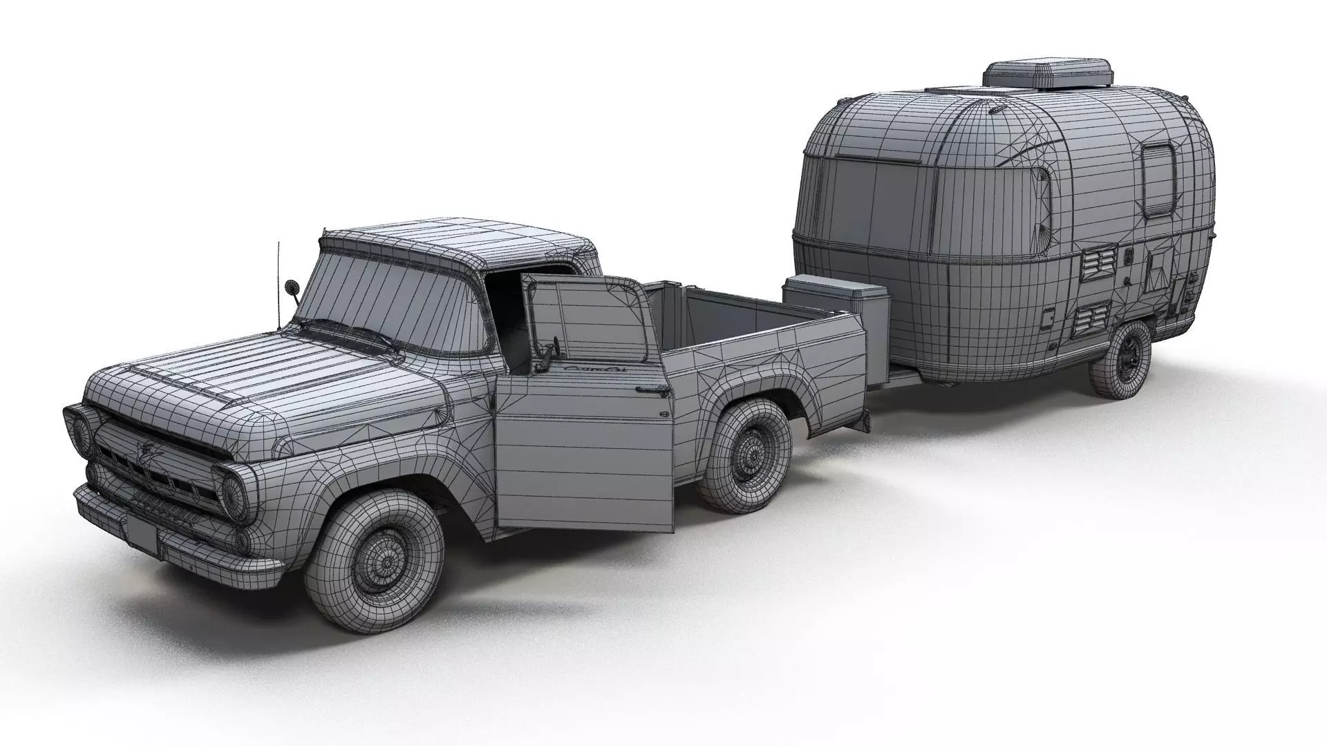 50s American pickup truck with camper trailer Low-poly 3D model_26