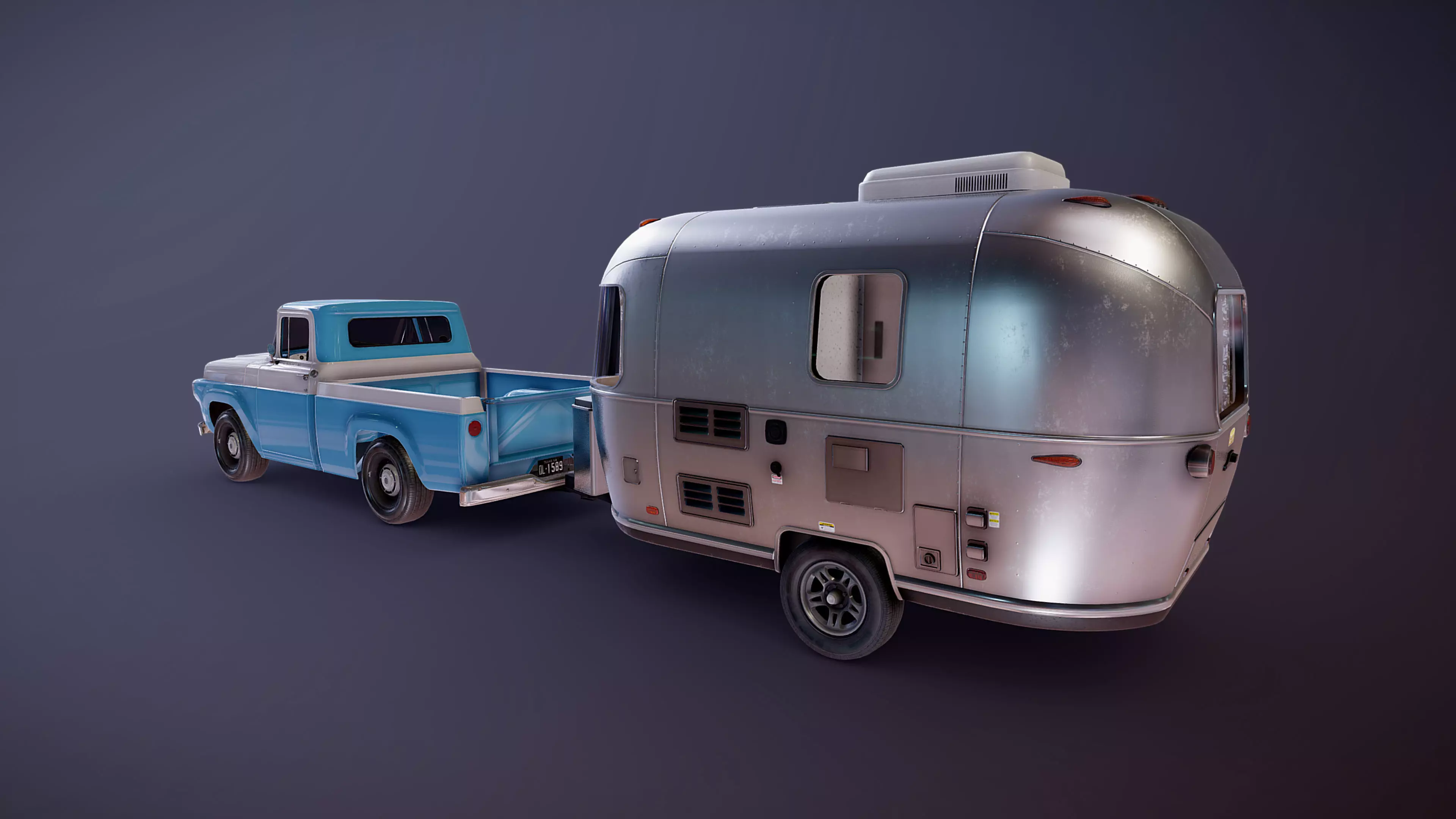 50s American pickup truck with camper trailer Low-poly 3D model_35