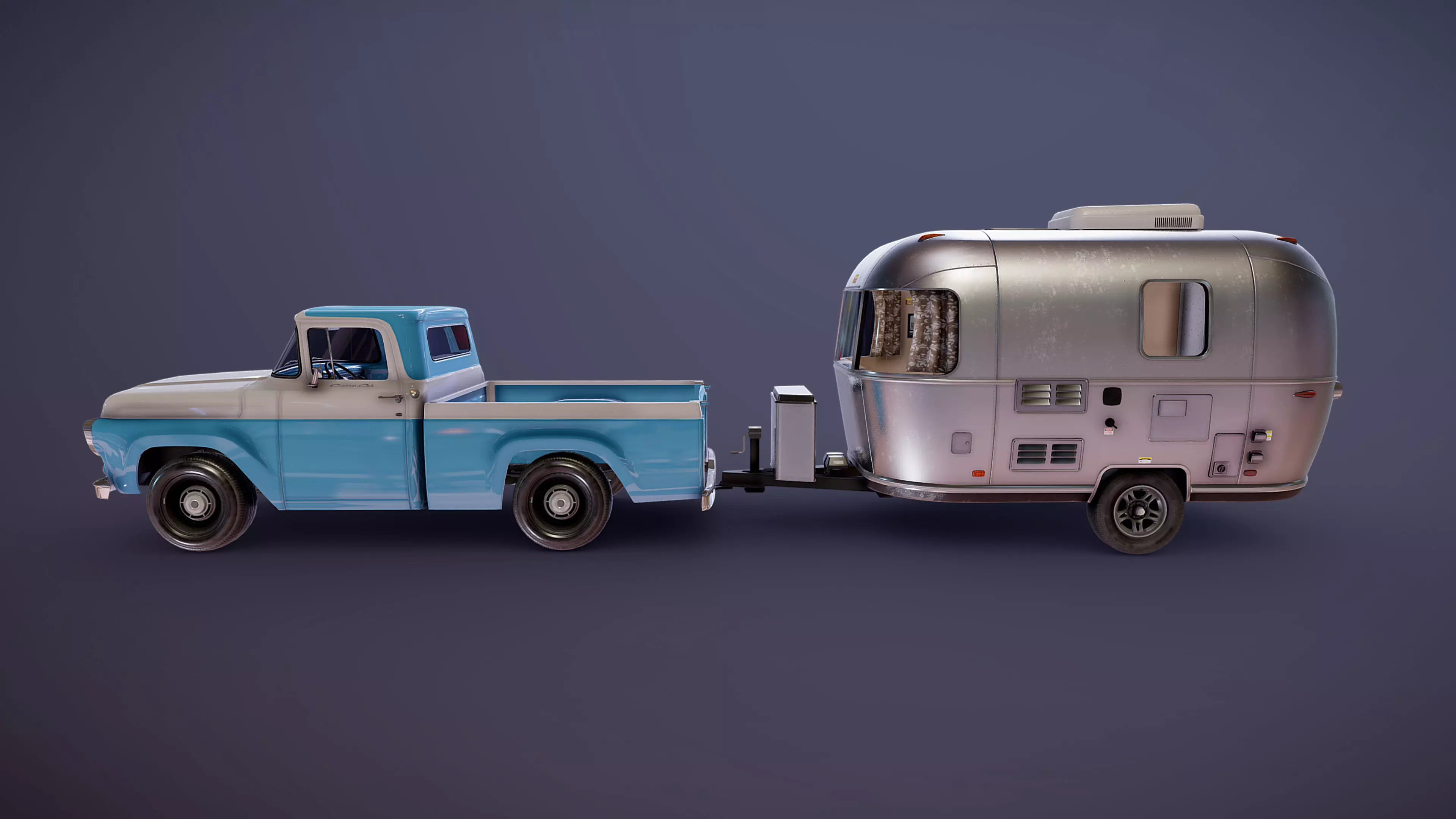 50s American pickup truck with camper trailer Low-poly 3D model_36