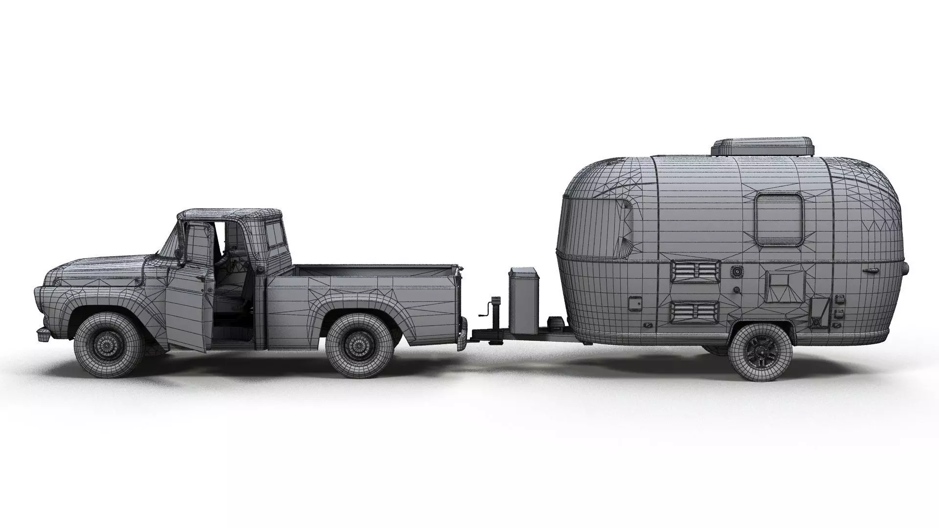 50s American pickup truck with camper trailer Low-poly 3D model_30