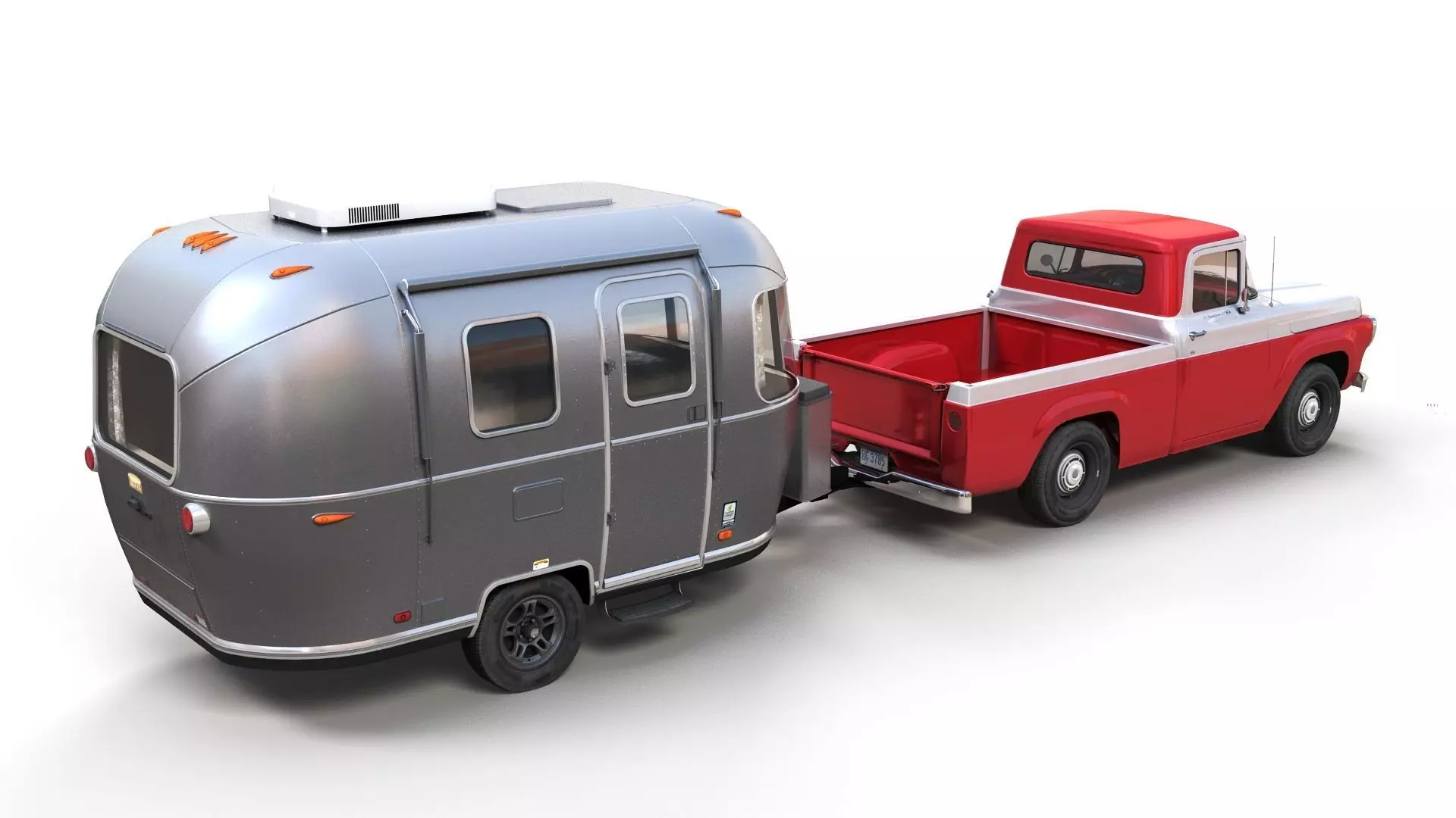 50s American pickup truck with camper trailer Low-poly 3D model_4