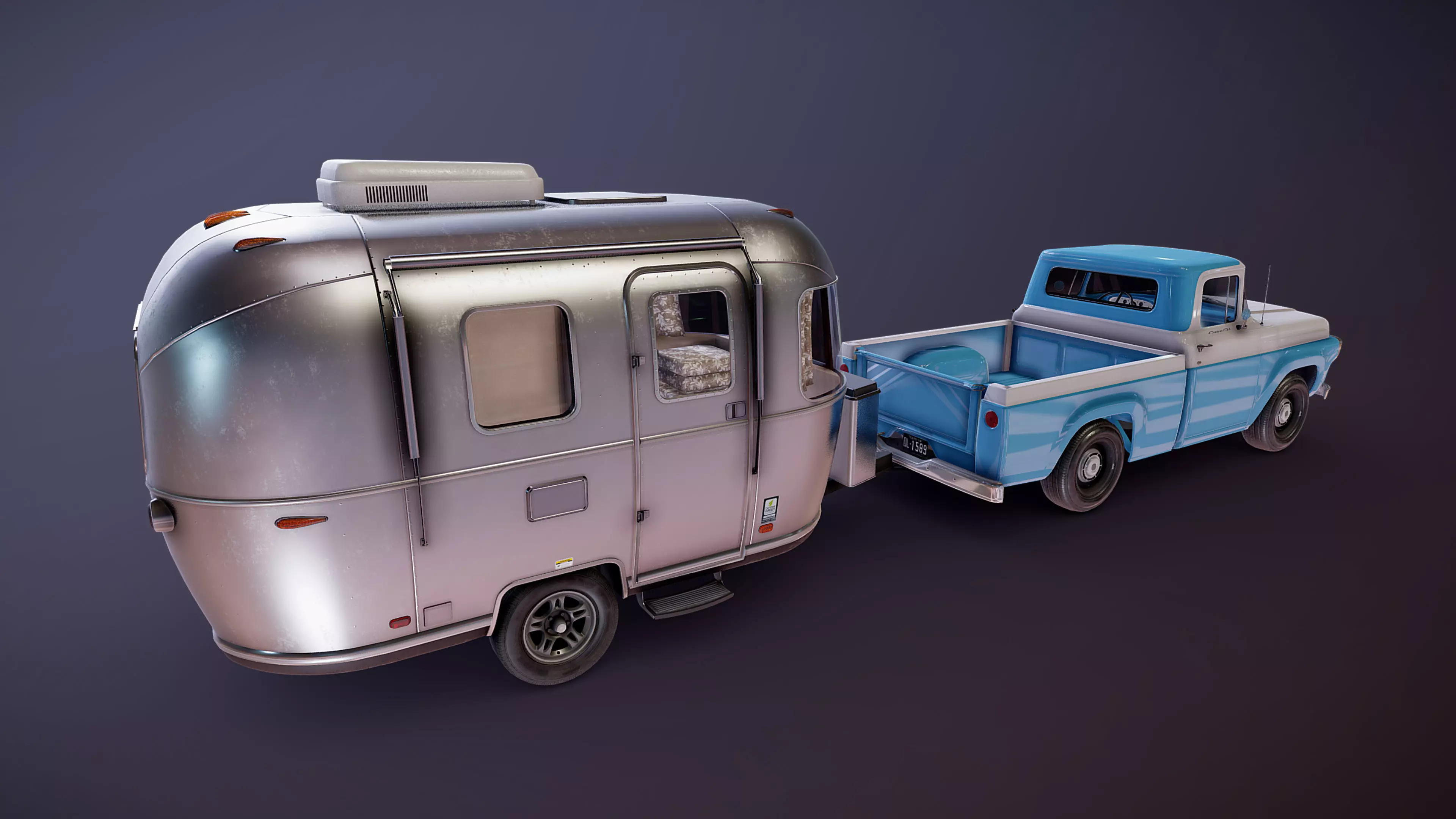 50s American pickup truck with camper trailer Low-poly 3D model_38