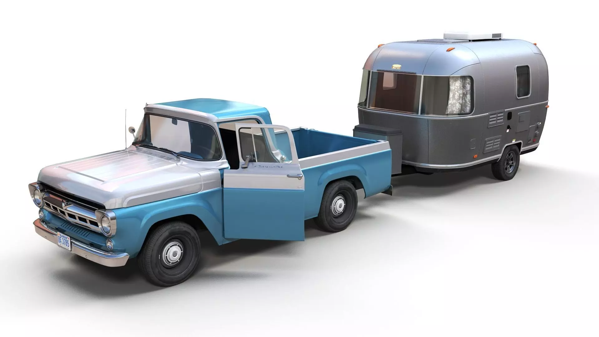 50s American pickup truck with camper trailer Low-poly 3D model_11