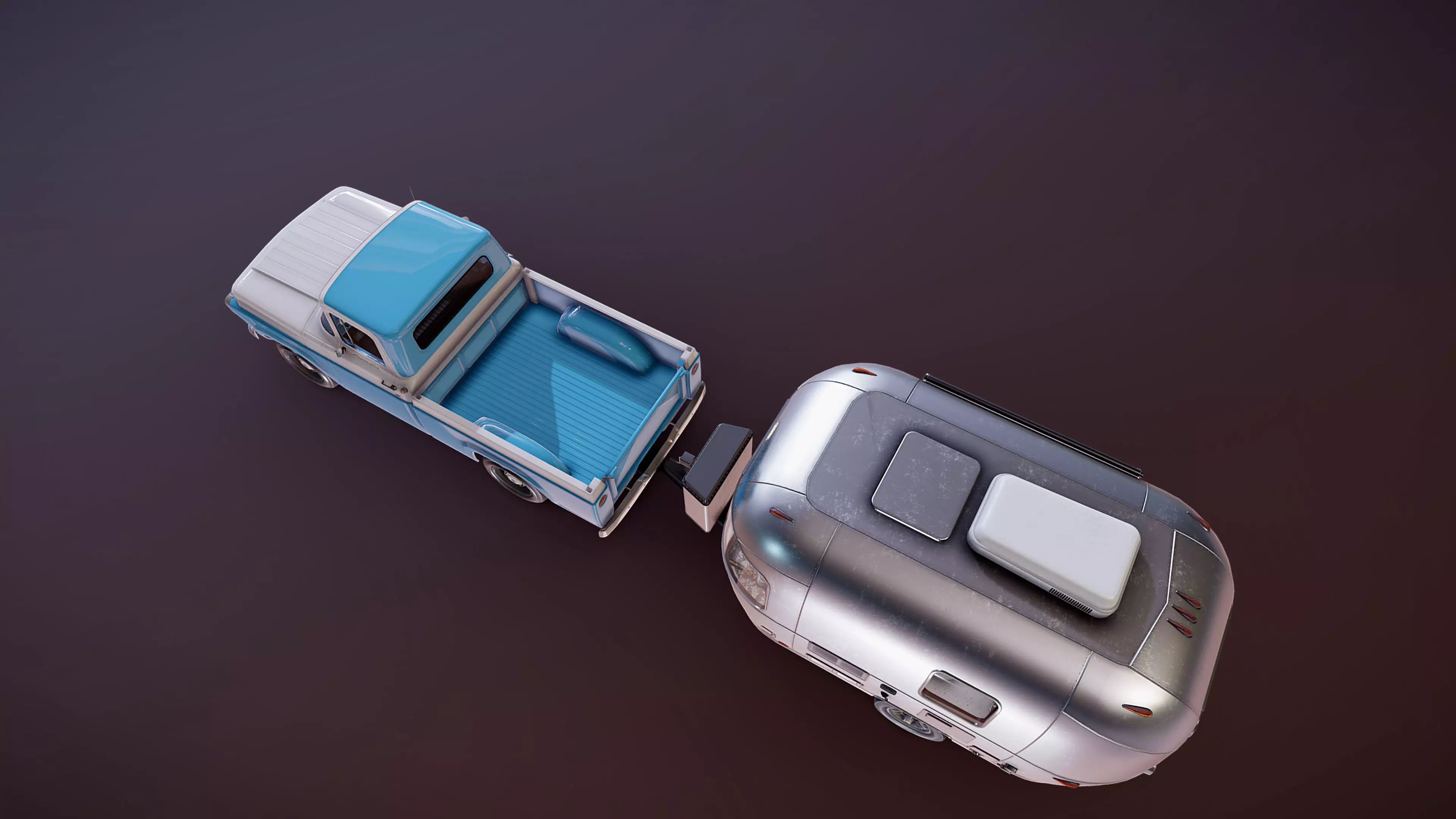 50s American pickup truck with camper trailer Low-poly 3D model_37