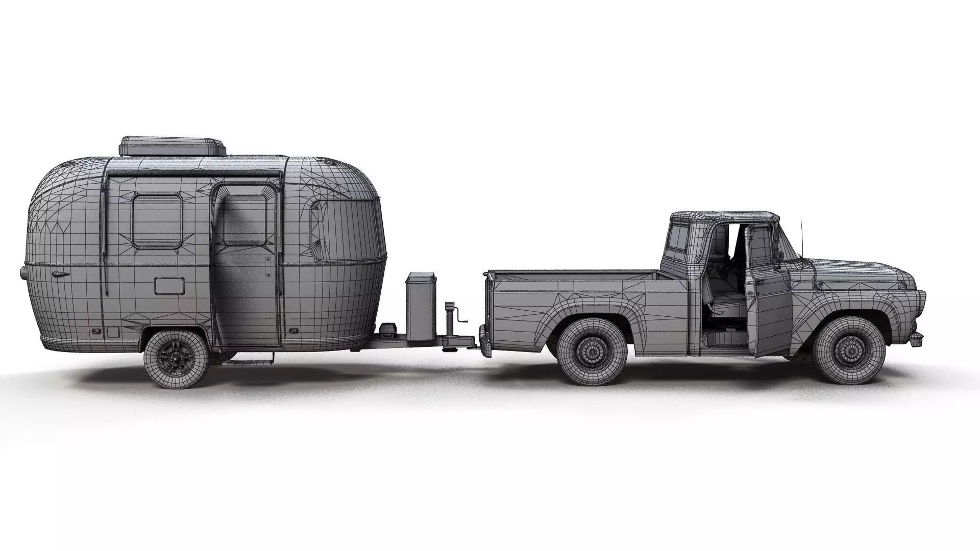 50s American pickup truck with camper trailer Low-poly 3D model_28