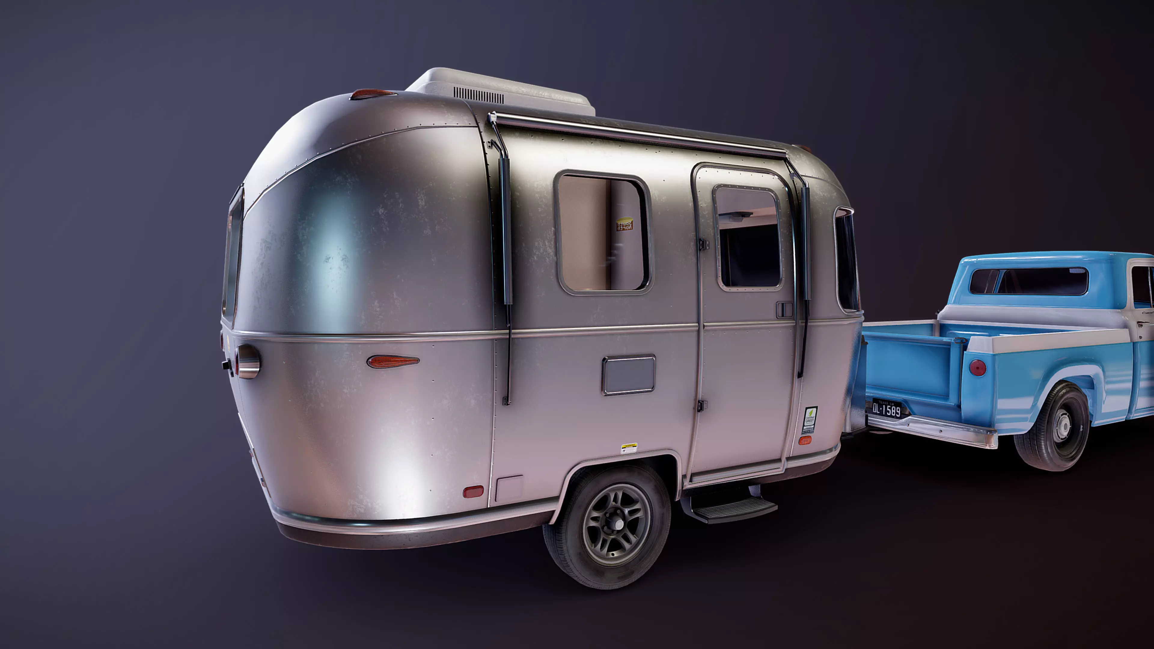 50s American pickup truck with camper trailer Low-poly 3D model_40
