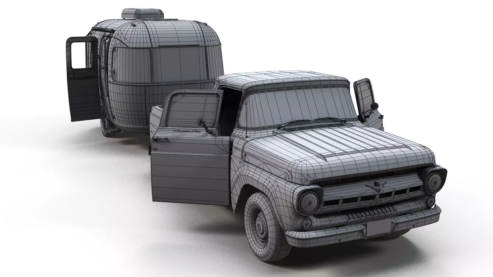 50s American pickup truck with camper trailer Low-poly 3D model_31