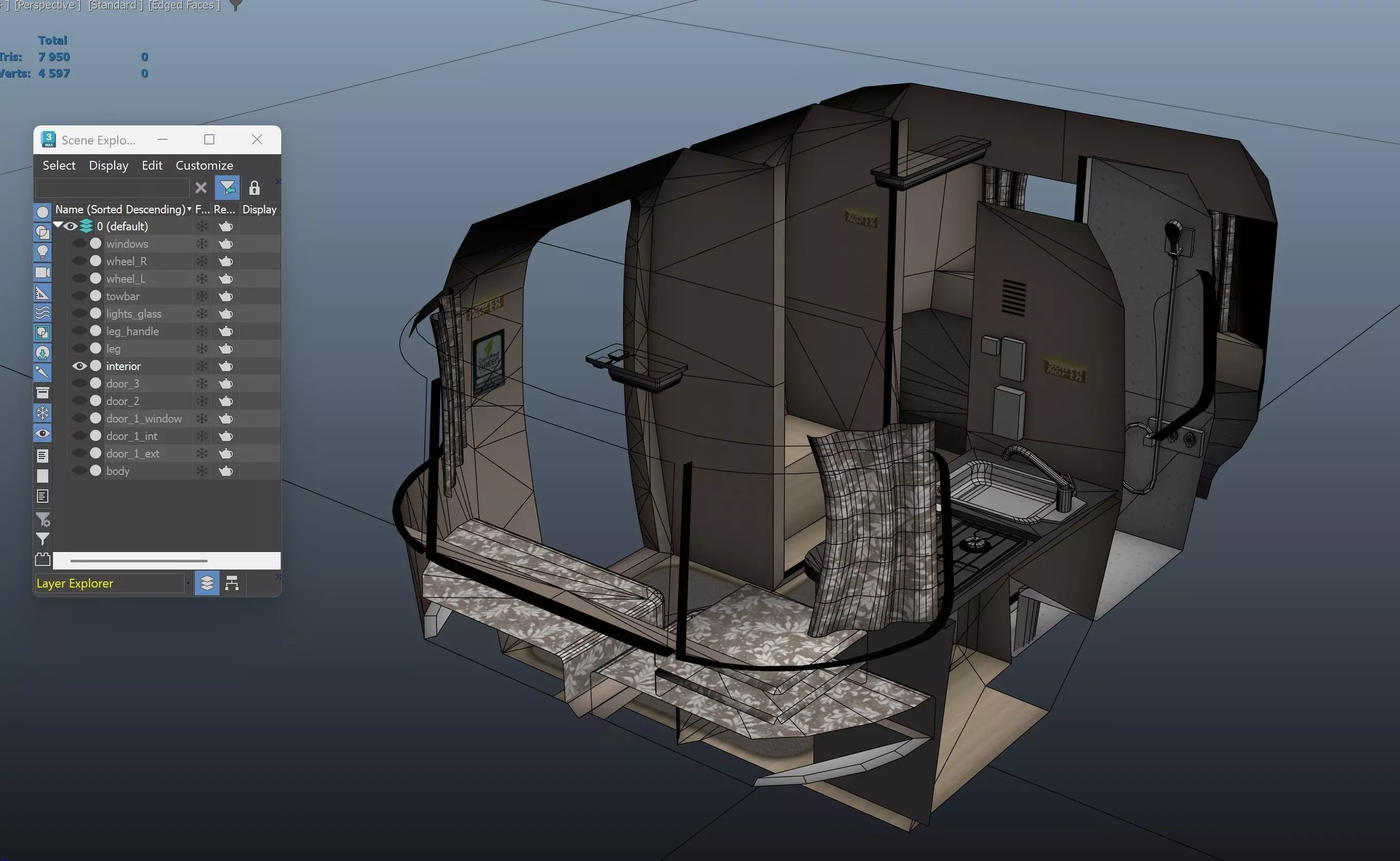 50s American pickup truck with camper trailer Low-poly 3D model_67