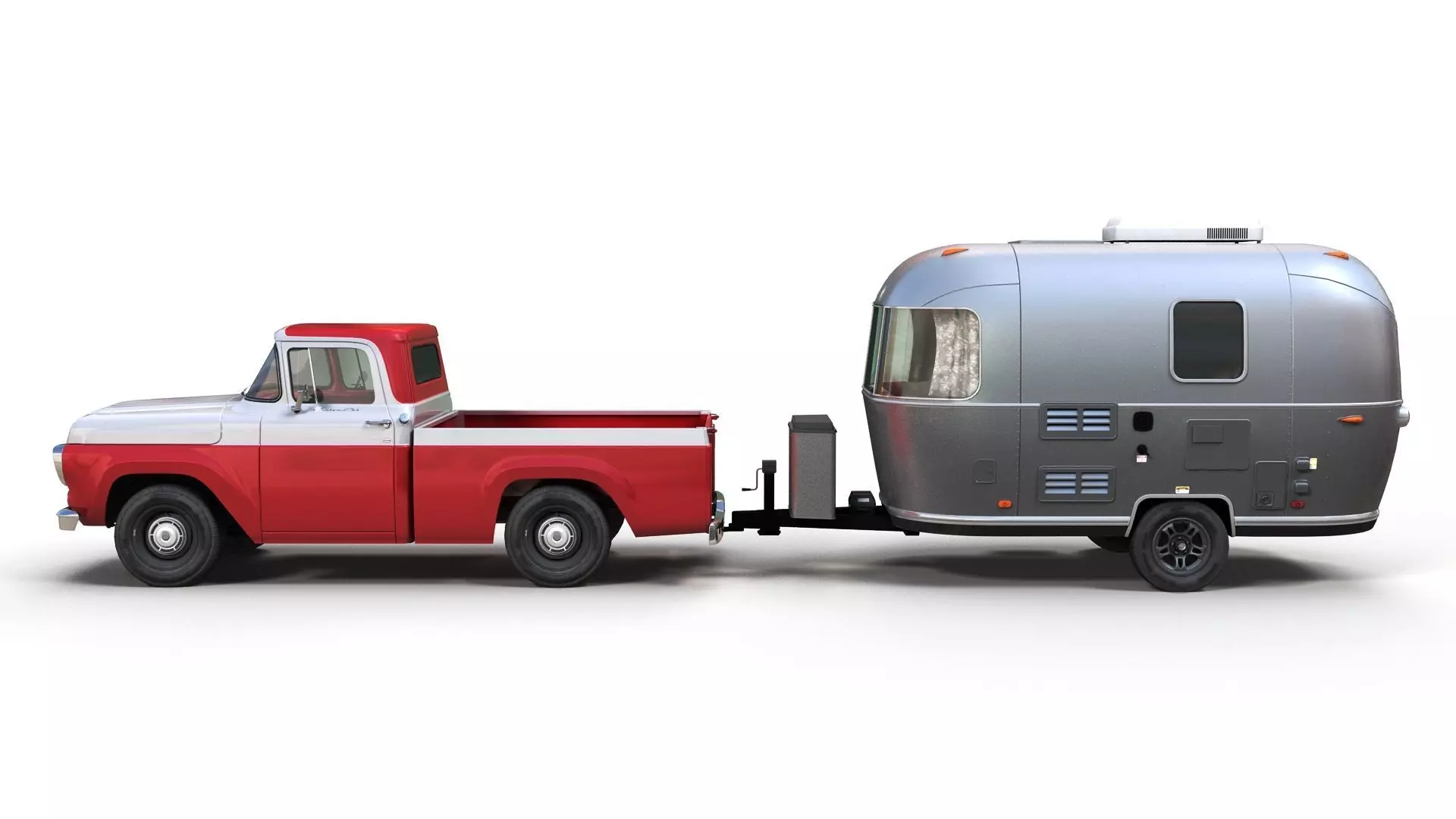 50s American pickup truck with camper trailer Low-poly 3D model_7