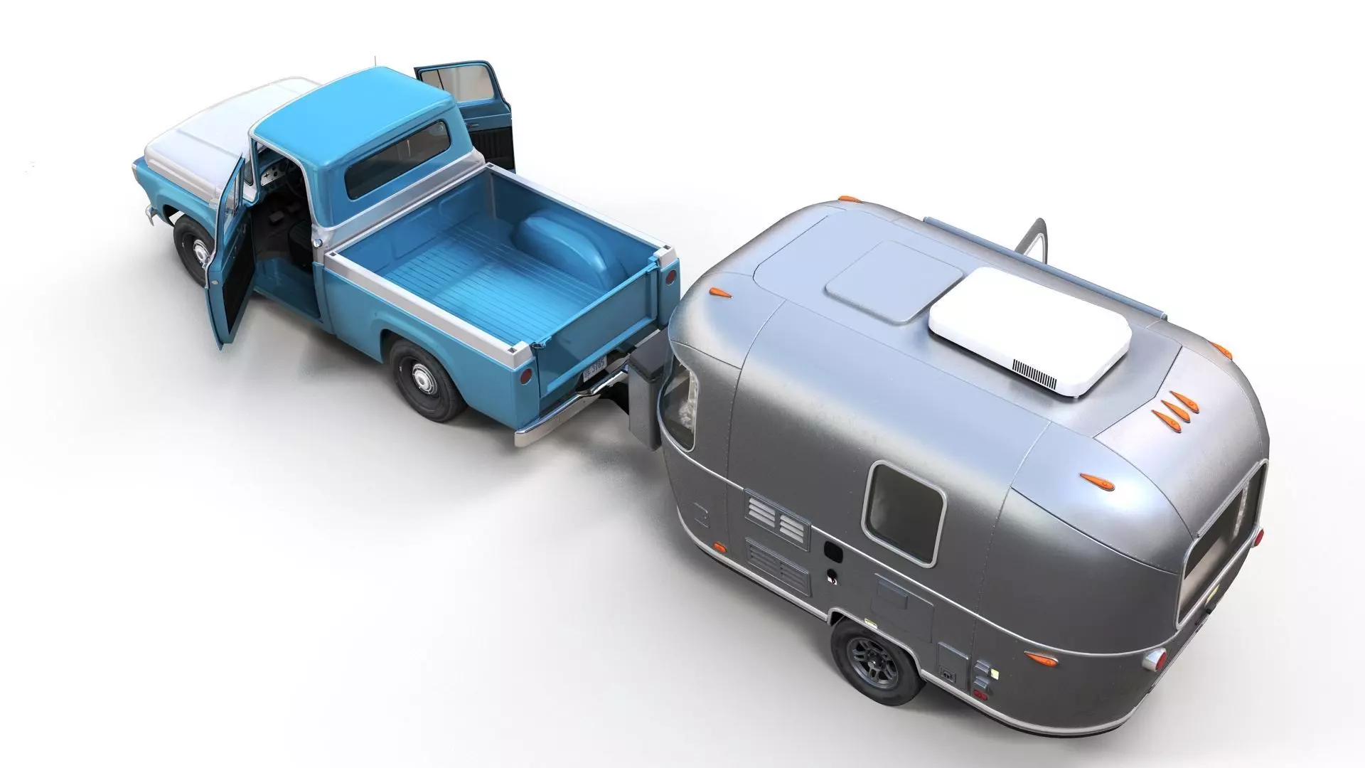 50s American pickup truck with camper trailer Low-poly 3D model_14