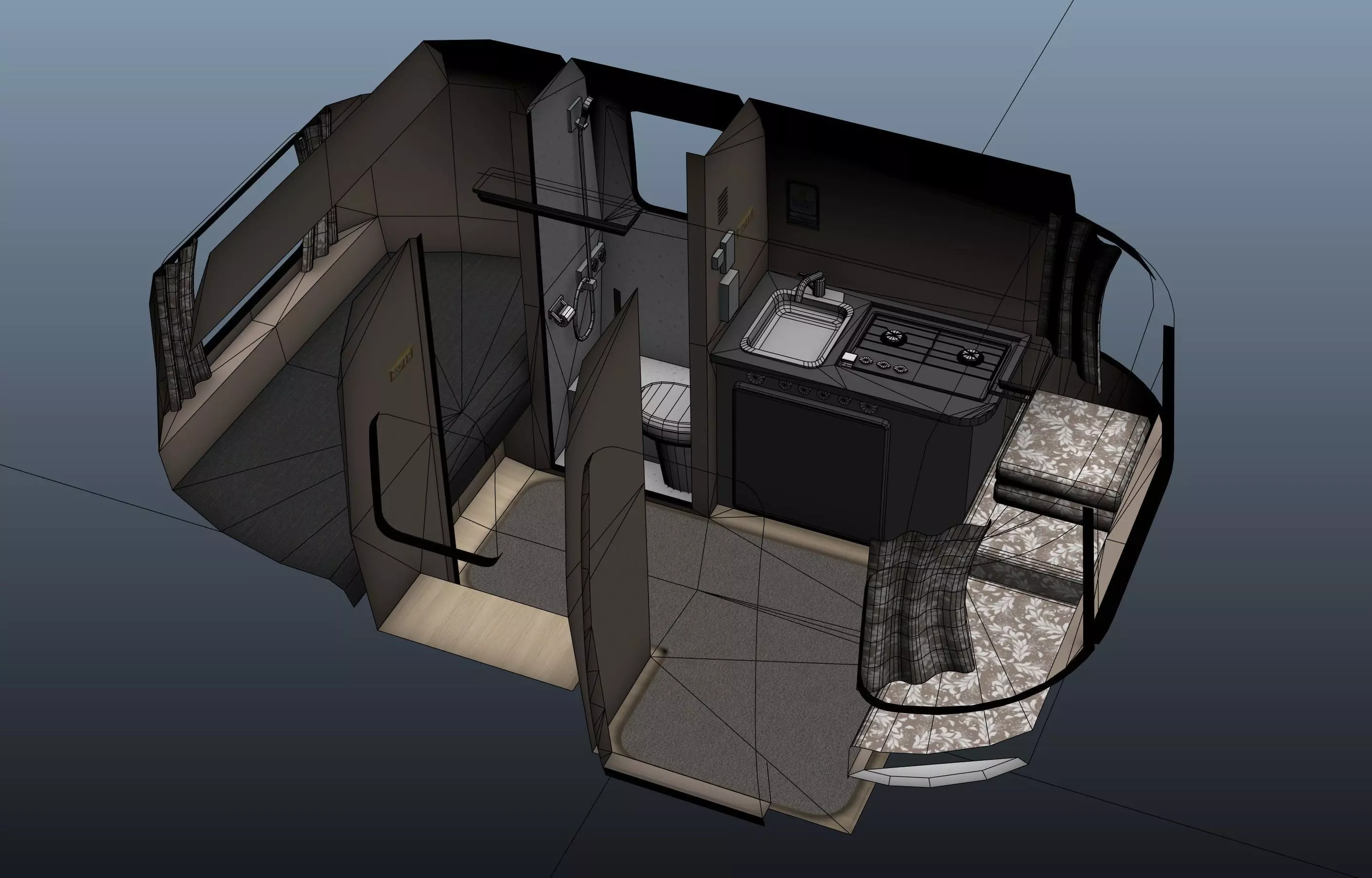 50s American pickup truck with camper trailer Low-poly 3D model_62