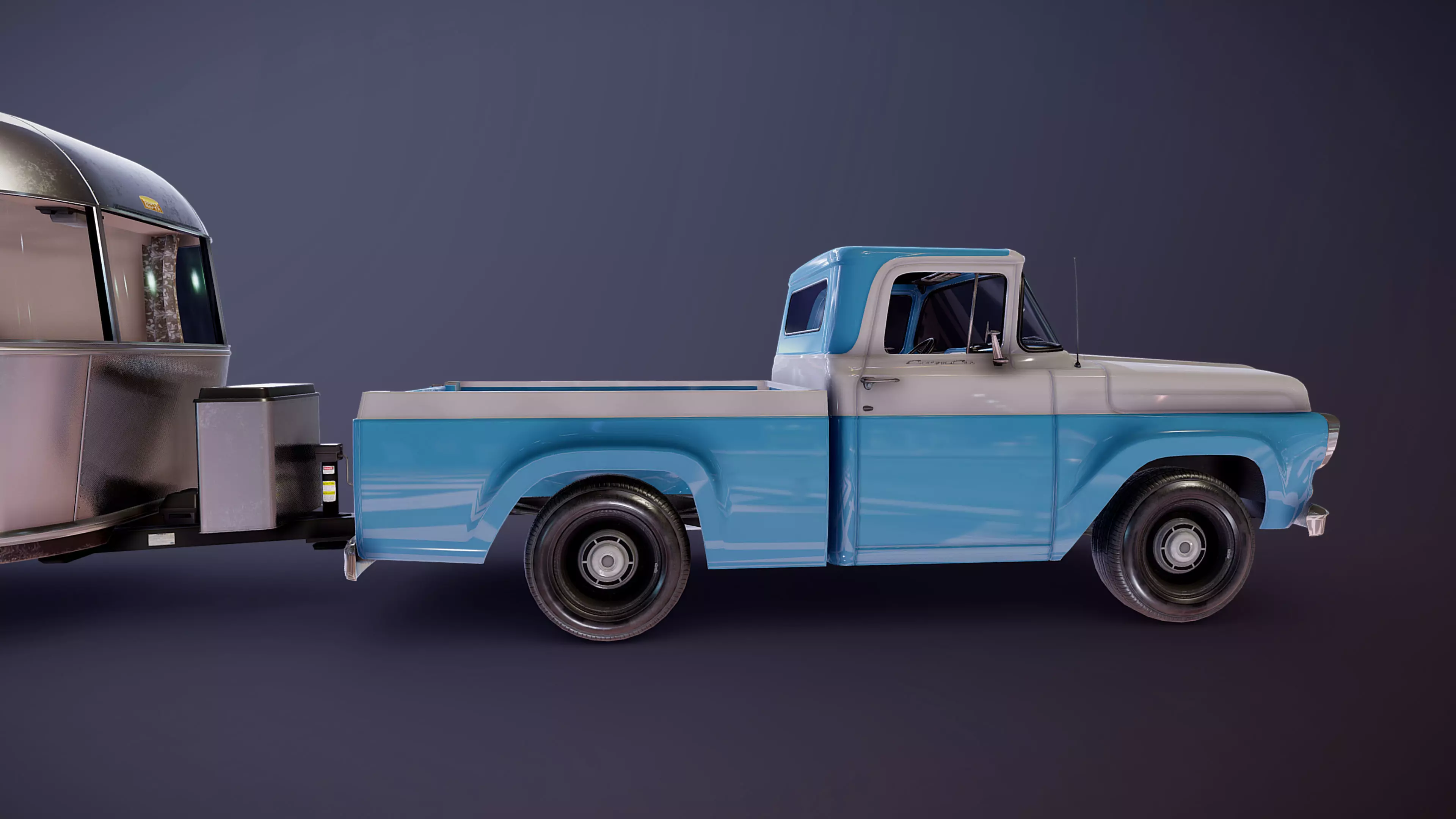 50s American pickup truck with camper trailer Low-poly 3D model_39