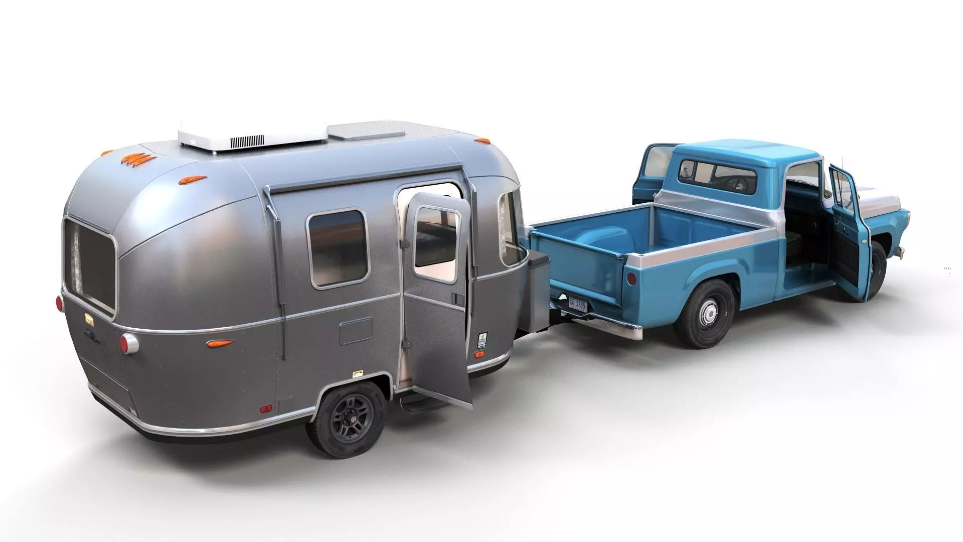 50s American pickup truck with camper trailer Low-poly 3D model_12