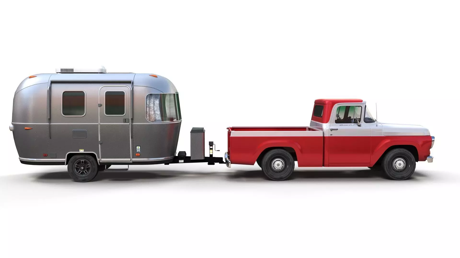 50s American pickup truck with camper trailer Low-poly 3D model_5