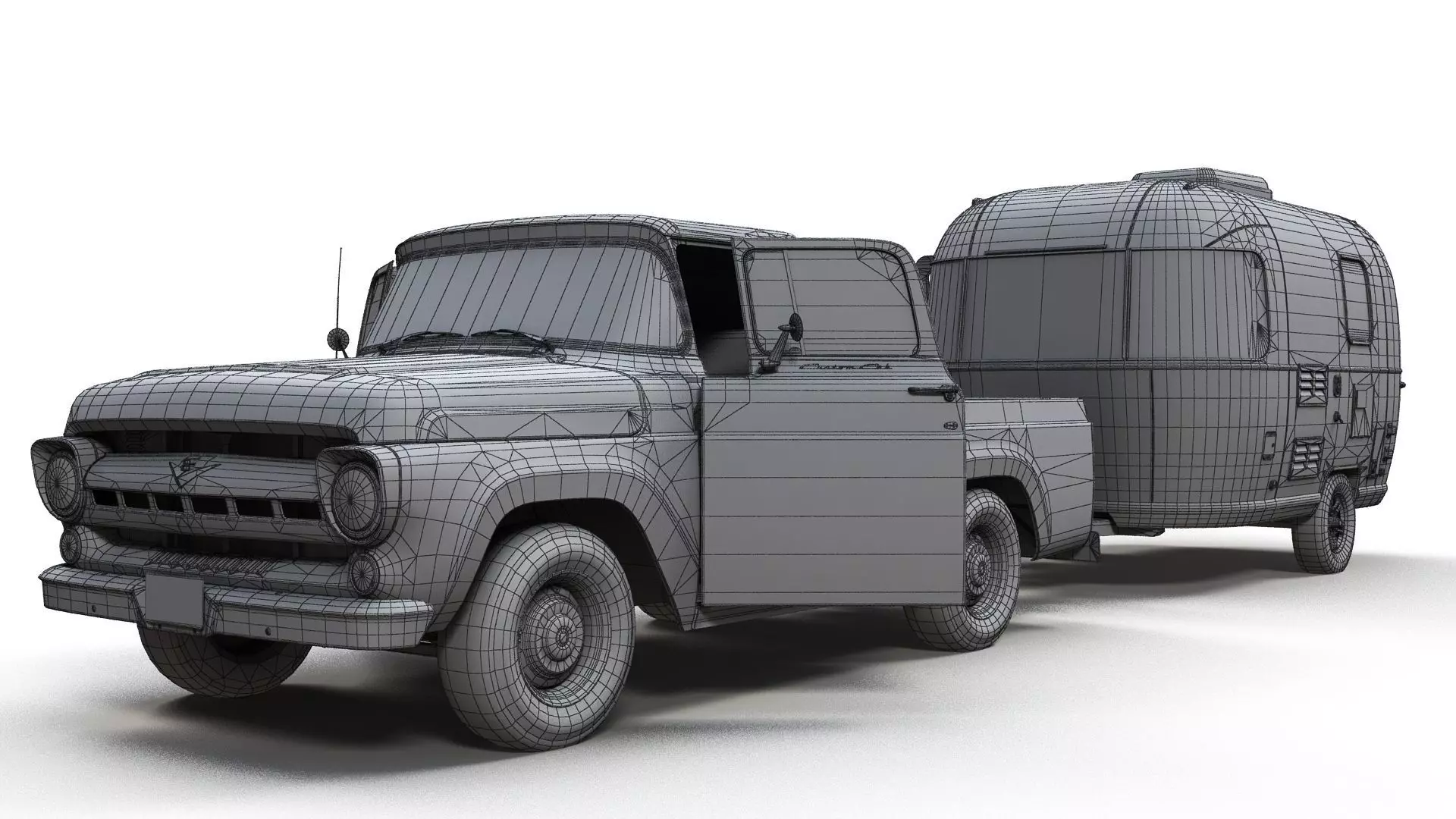 50s American pickup truck with camper trailer Low-poly 3D model_33