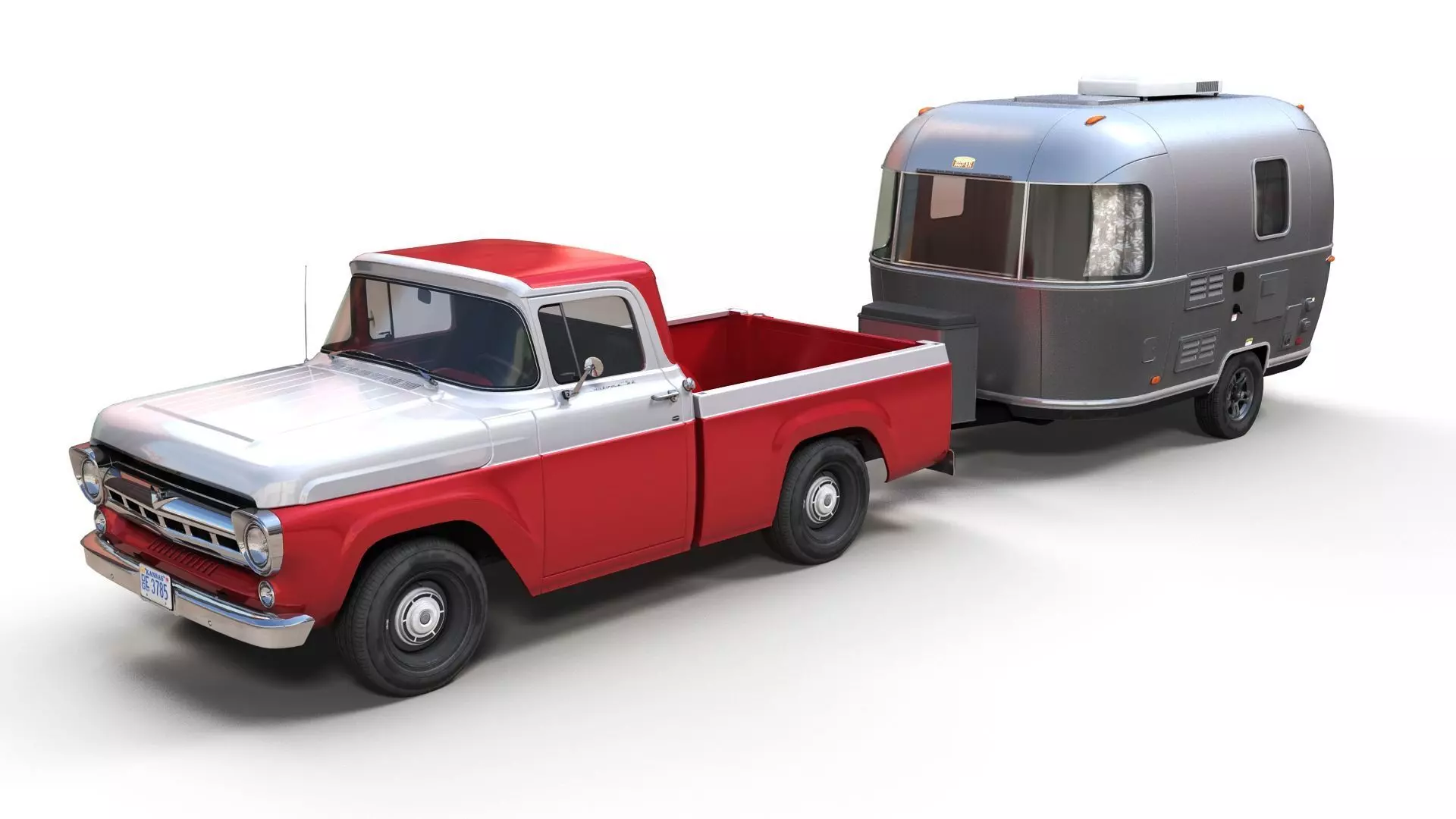 50s American pickup truck with camper trailer Low-poly 3D model_3