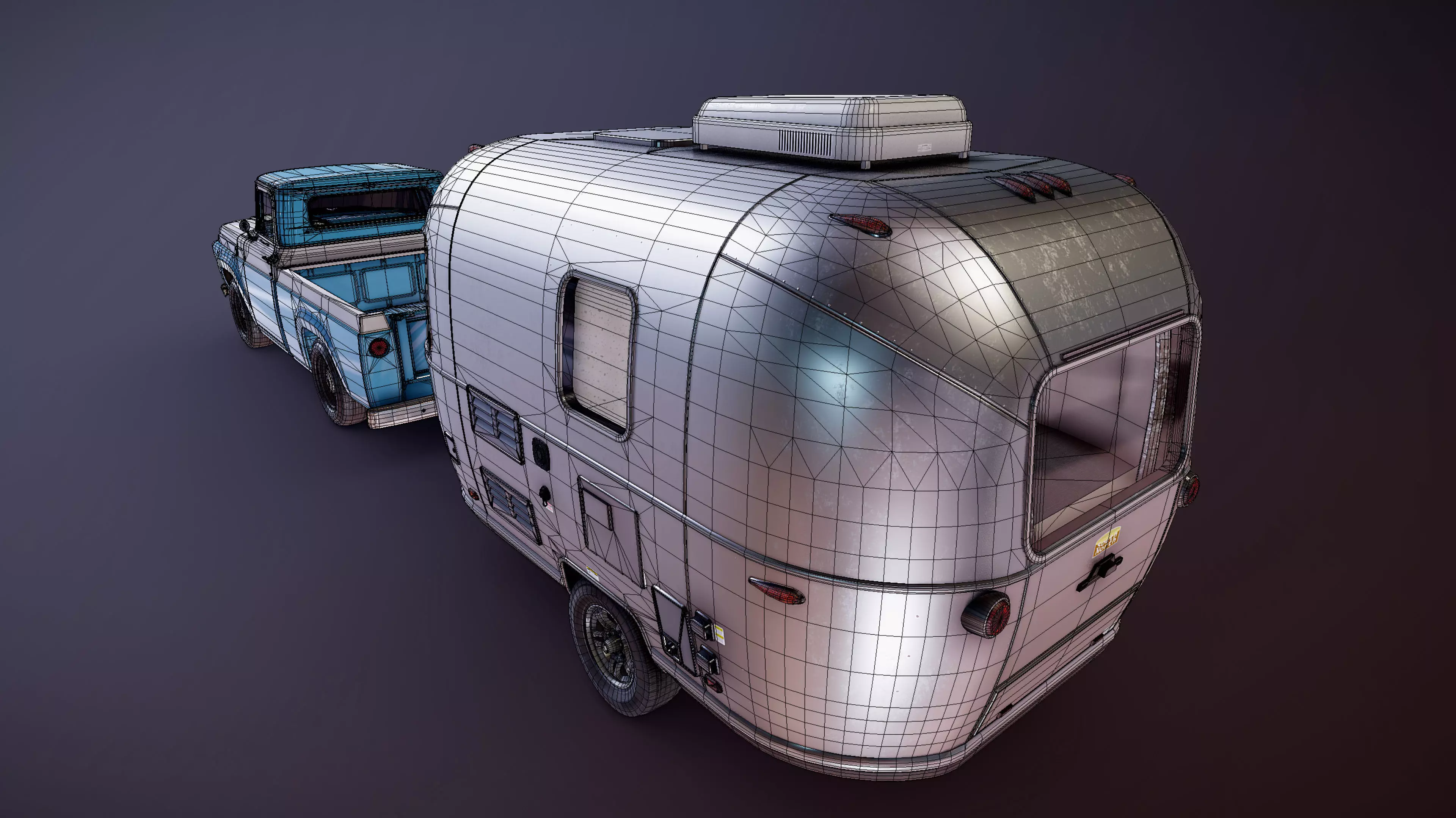50s American pickup truck with camper trailer Low-poly 3D model_48