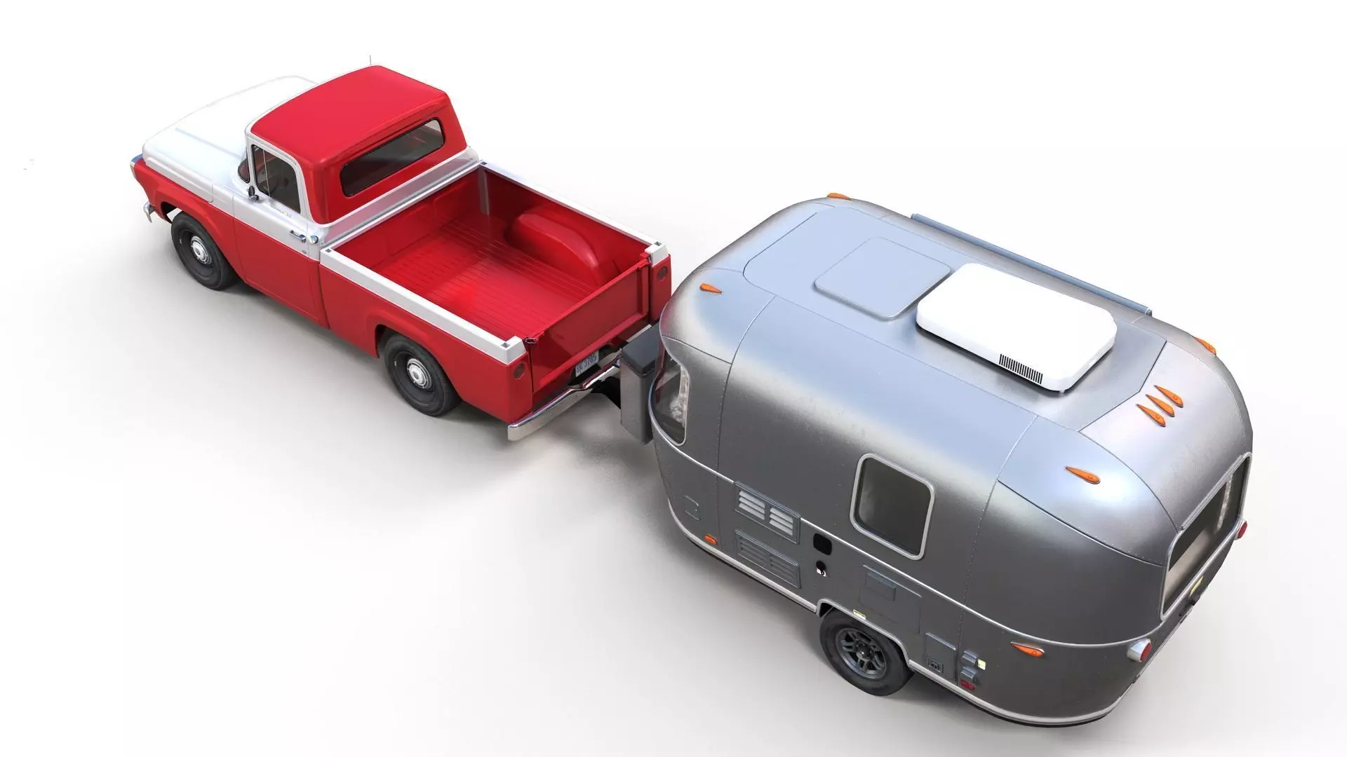 50s American pickup truck with camper trailer Low-poly 3D model_6