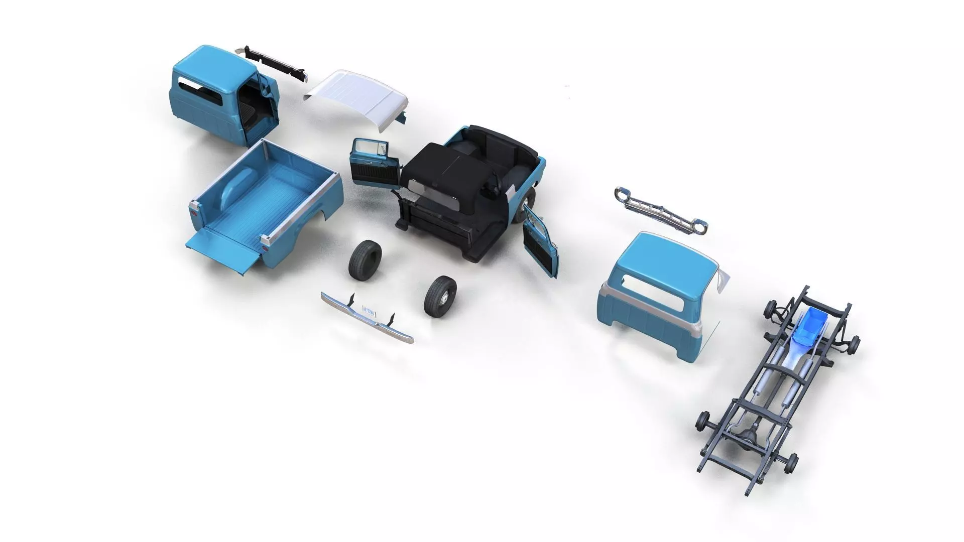 50s American pickup truck with camper trailer Low-poly 3D model_20