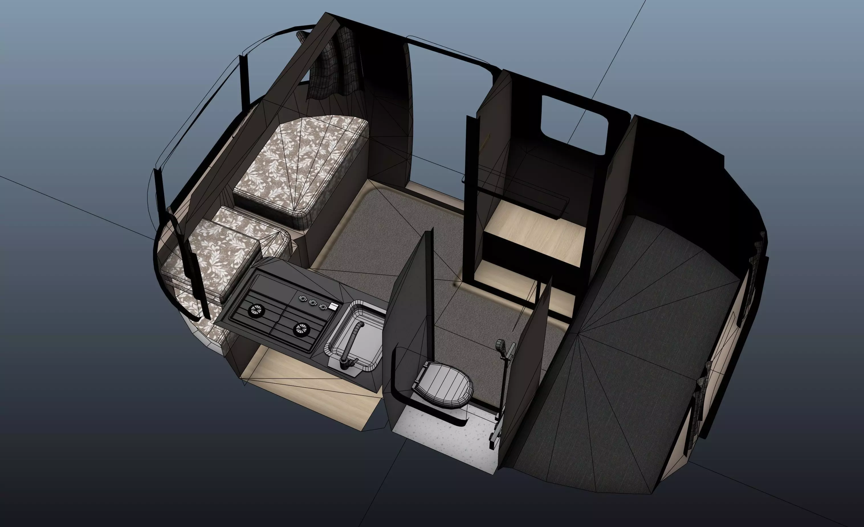 50s American pickup truck with camper trailer Low-poly 3D model_64