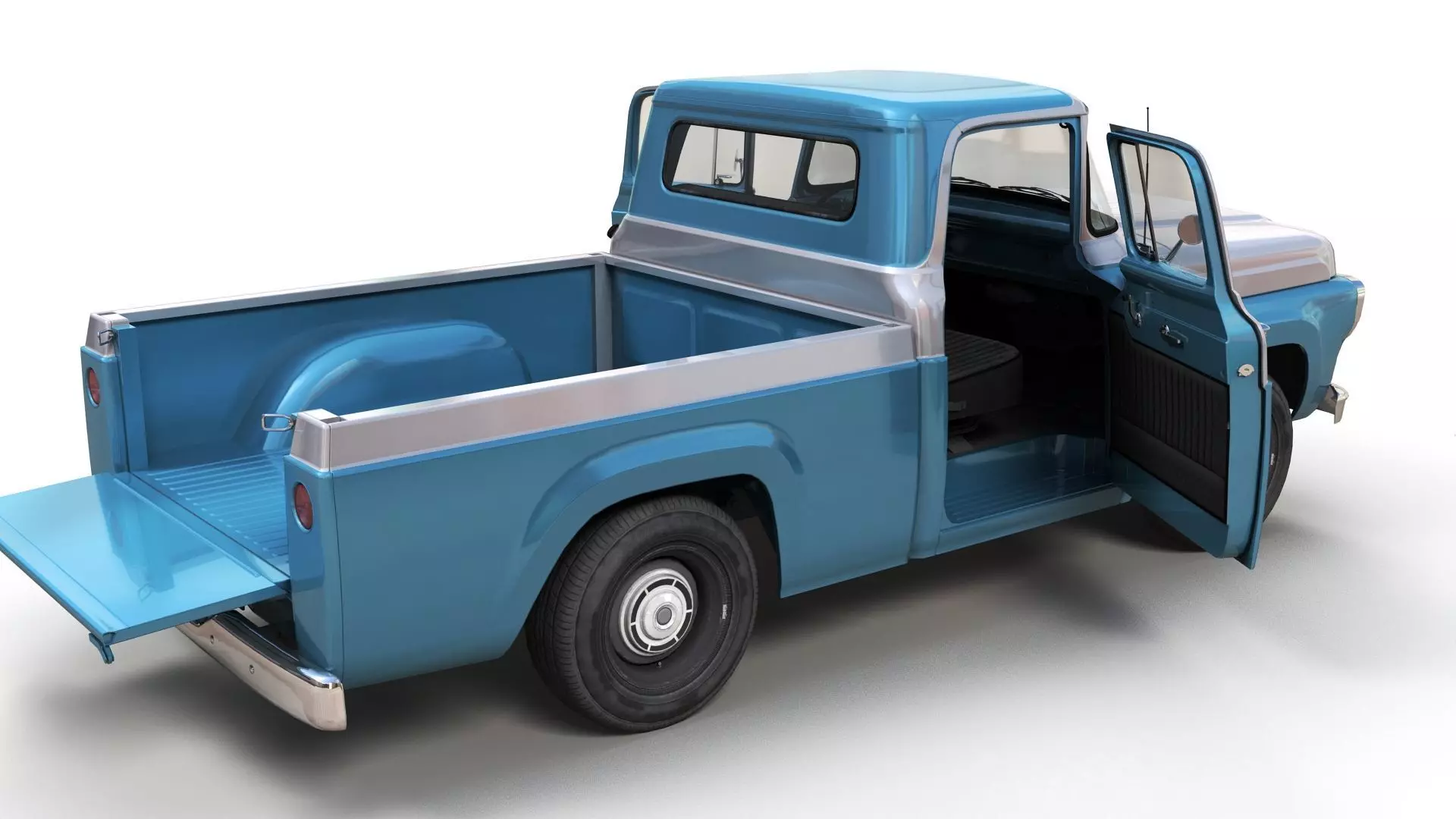 50s American pickup truck with camper trailer Low-poly 3D model_16