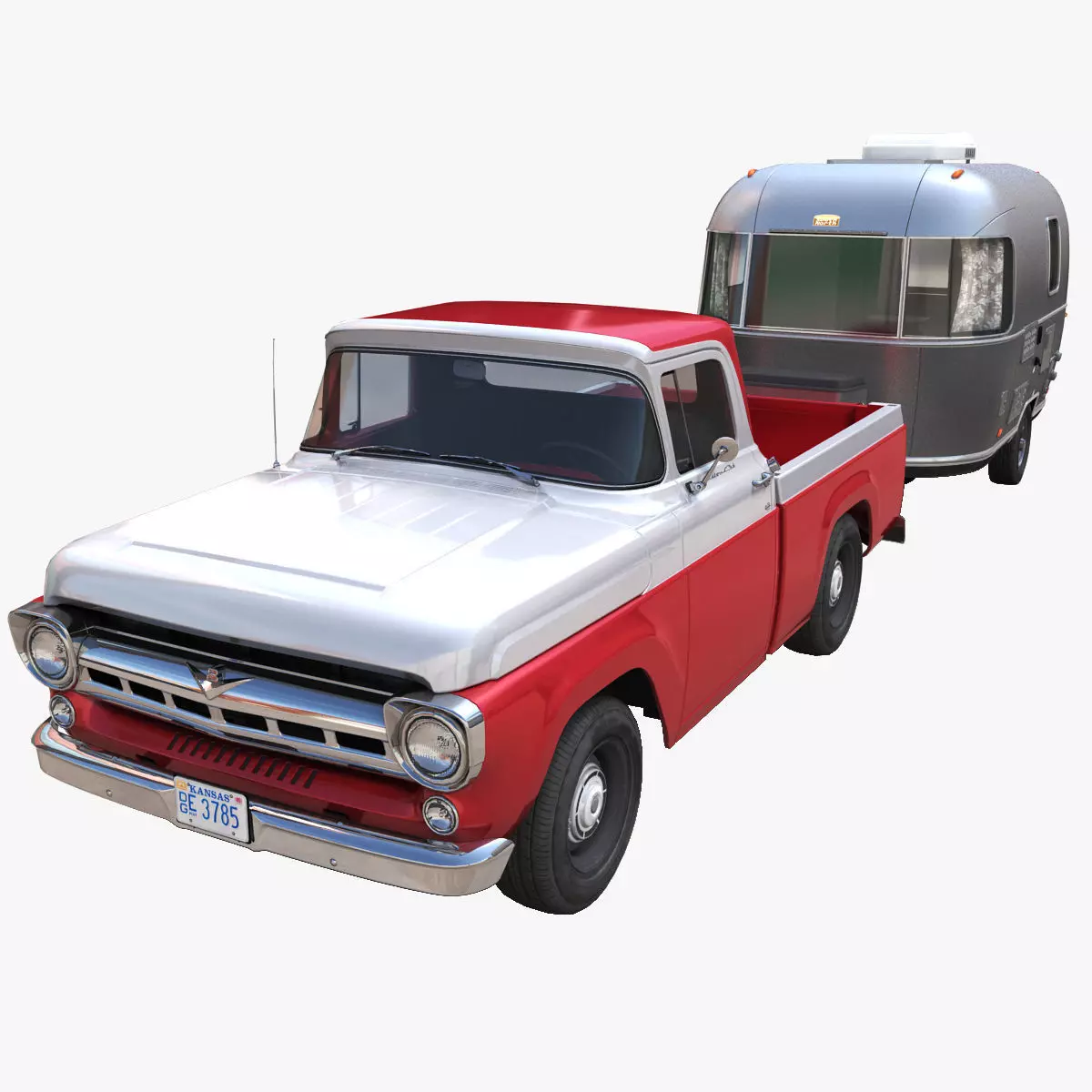50s American pickup truck with camper trailer Low-poly 3D model_0