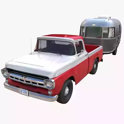 50s American pickup truck with camper trailer Low-poly 3D model 50s American pickup truck with camper trailer Low-poly 3D model