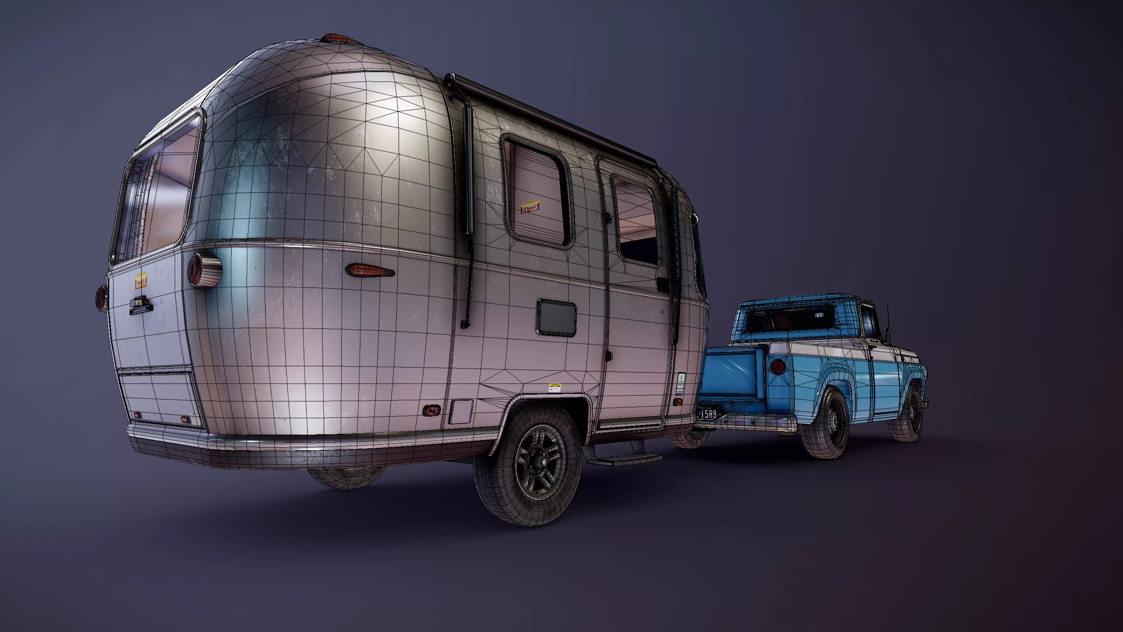 50s American pickup truck with camper trailer Low-poly 3D model_49