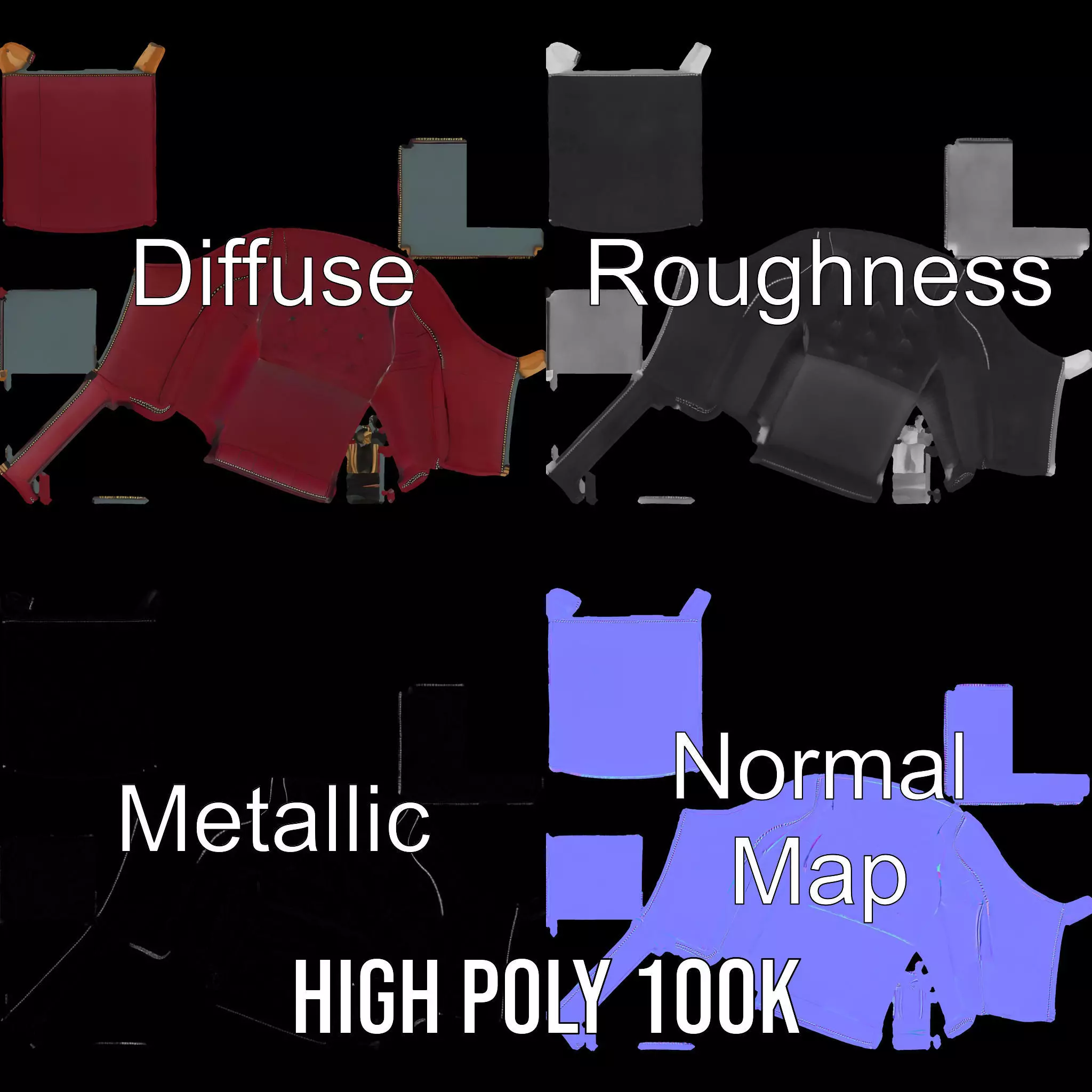 Elegant Burgundy Armchair model pack Low-poly 3D model_3