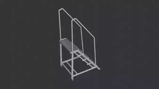 Yellow steel rolling ladder with guard rails