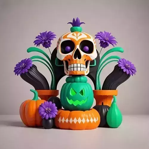2566Color 3D Model of a Halloween Skull  Totem Style