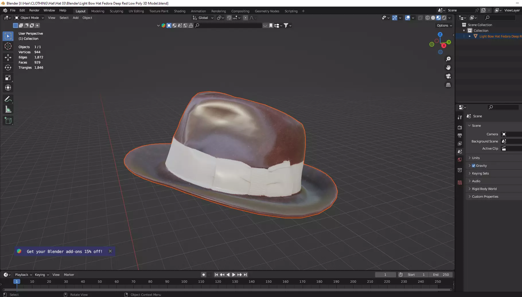 Light Bow Hat Fedora Deep Red Low Poly 3D Model Low-poly 3D model_7