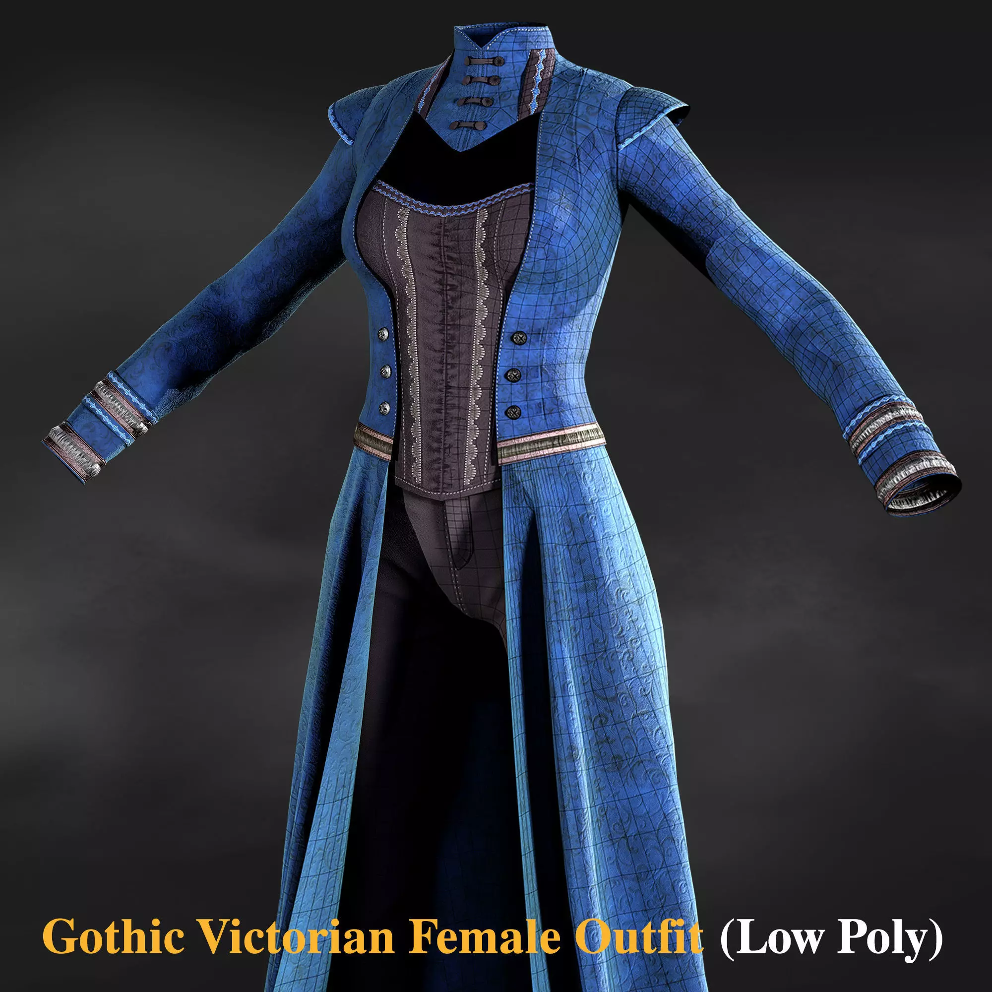 Gothic Victorian Female Outfit Game Ready Low Poly Outfit Low-poly 3D model_6