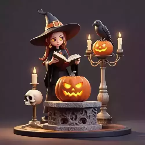 2567Halloween Witch with Spell book  Skull  Raven and Pumpkin