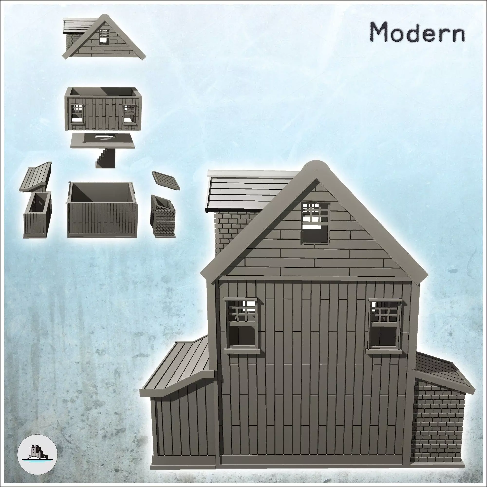 Brick house with entrance annex 1 - Modern WW2 WW1 World War Dia 3D print model_2