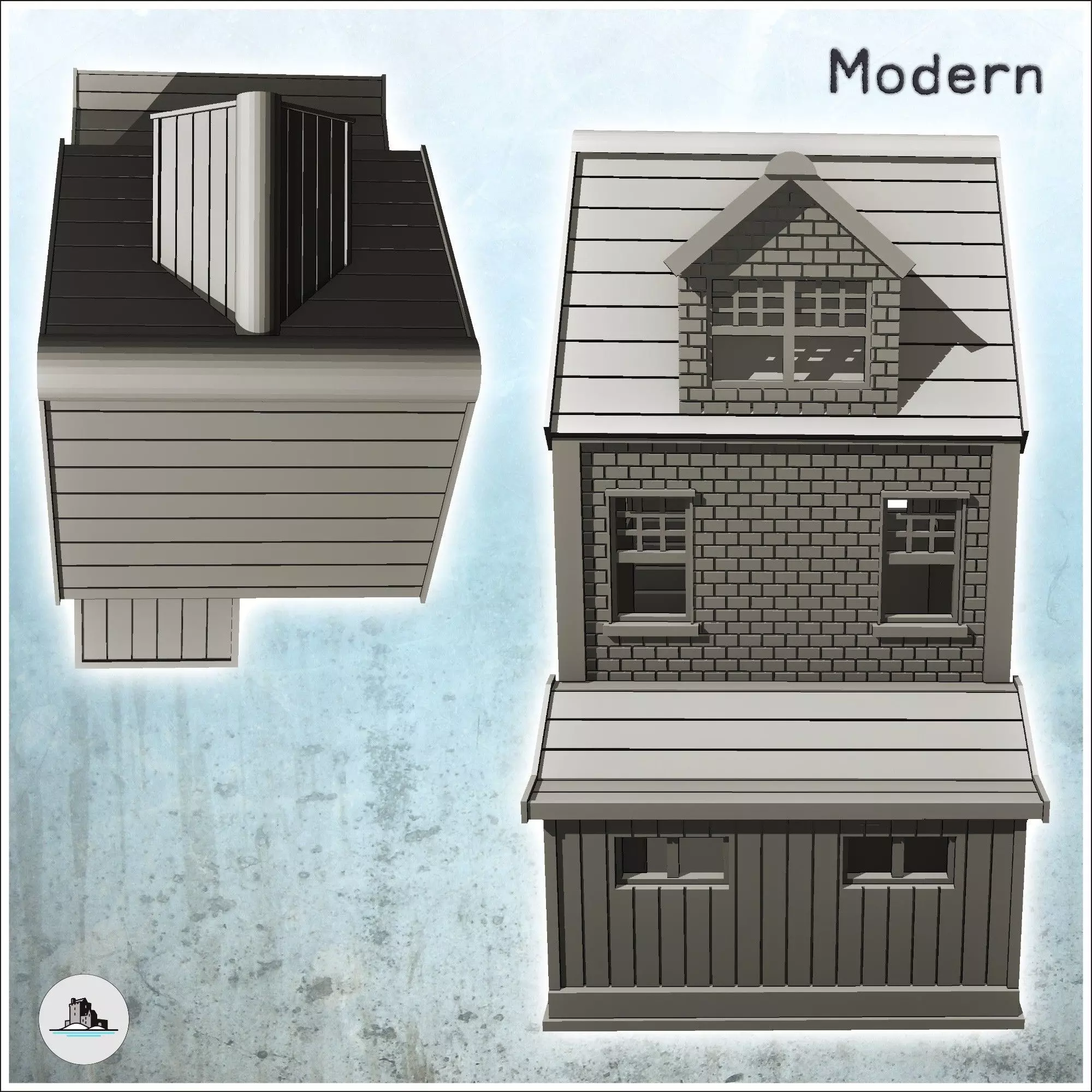 Brick house with entrance annex 1 - Modern WW2 WW1 World War Dia 3D print model_3