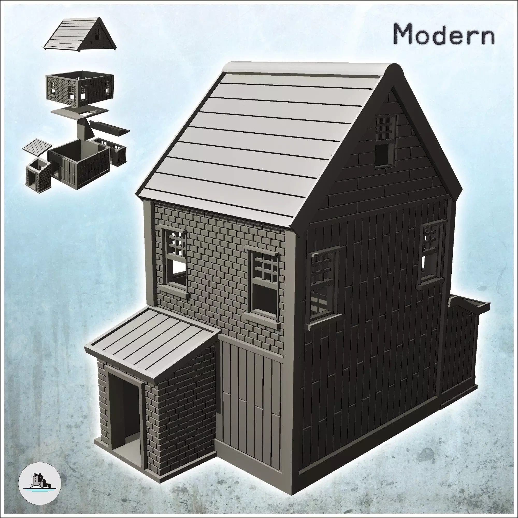 Brick house with entrance annex 1 - Modern WW2 WW1 World War Dia 3D print model_0